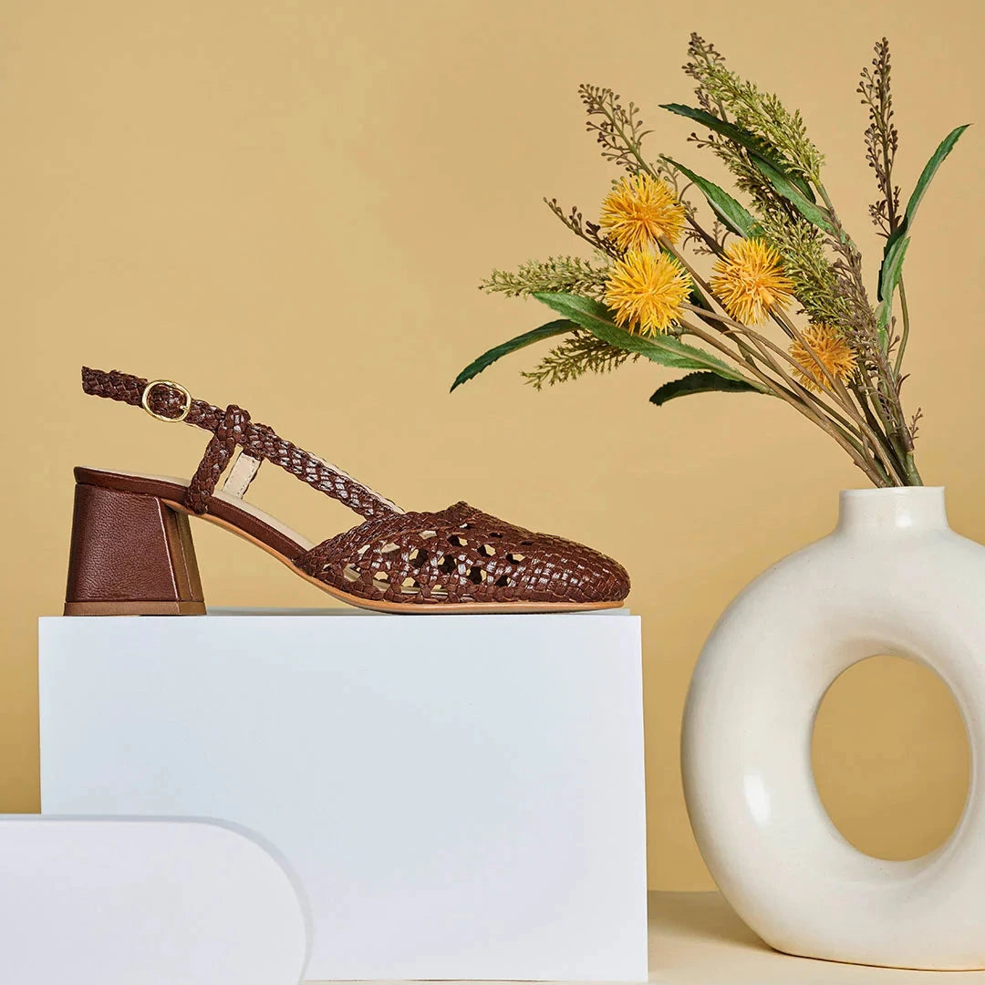 SIENNA Premium Leather Weaving Ankle Strap Block Heels