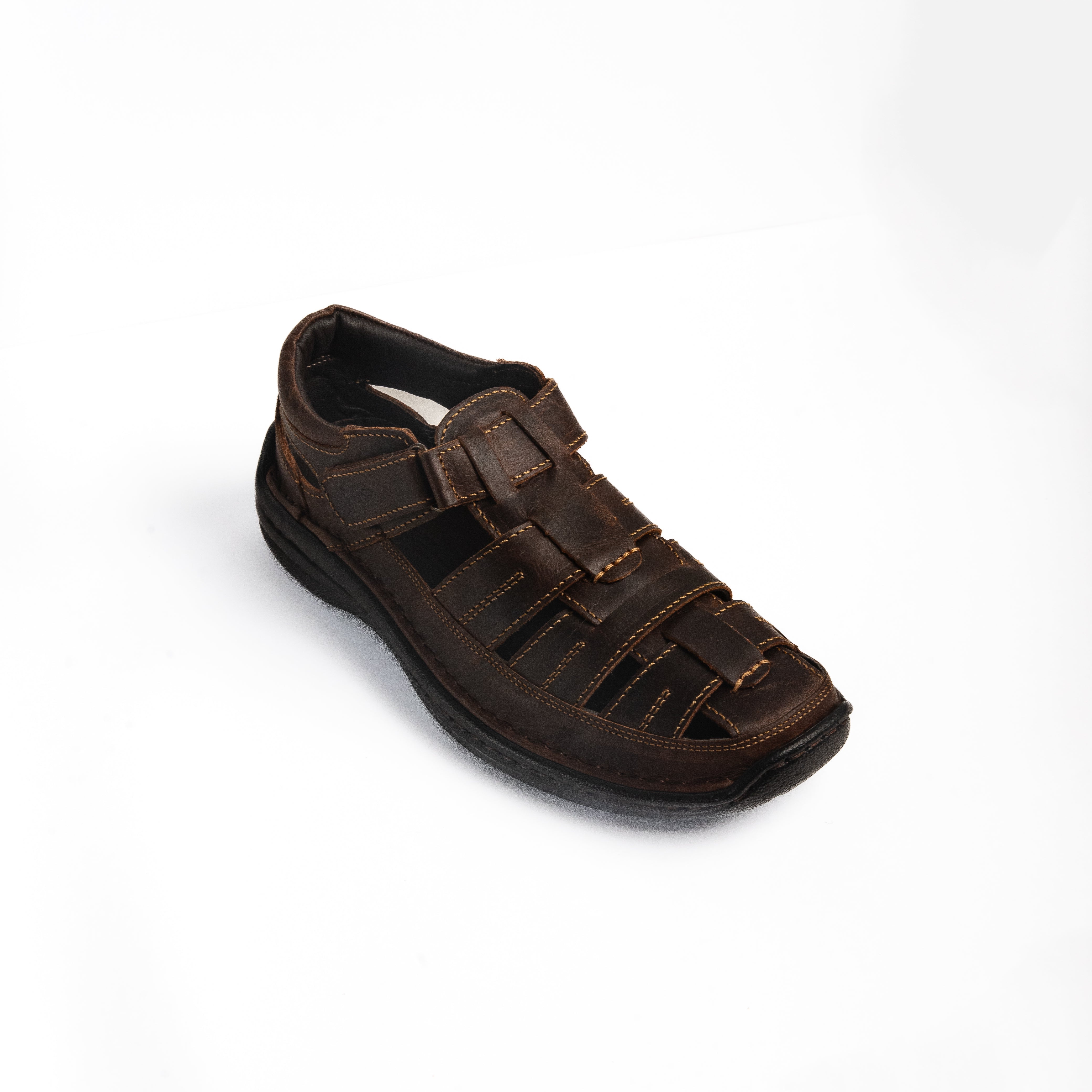 Brown sandal with multiple straps on a white background