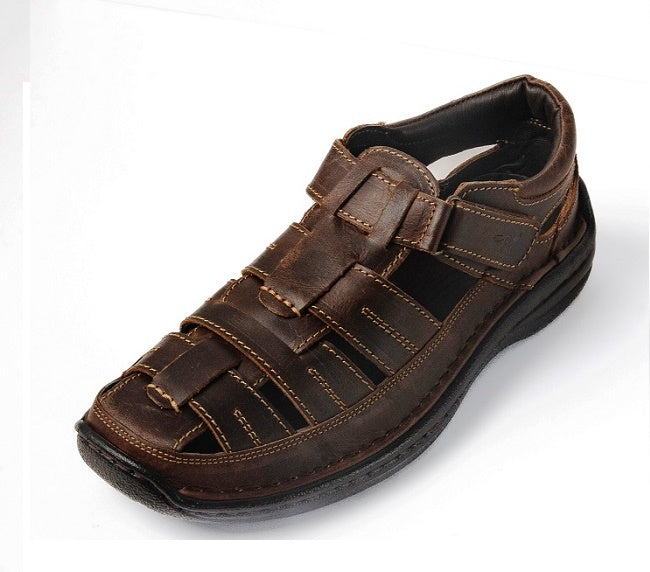Brown sandal with multiple straps on a white background