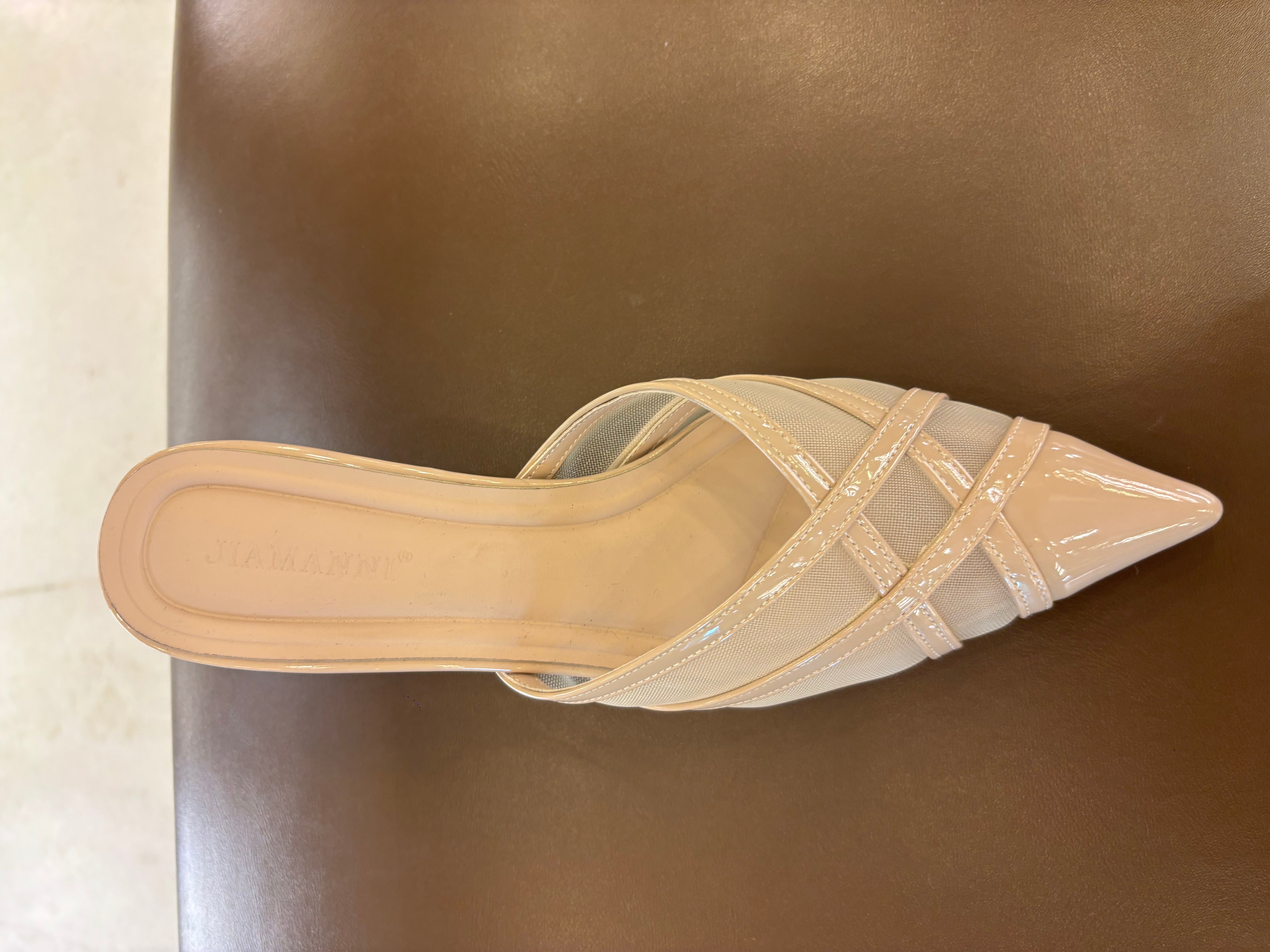 Audrey Criss Cross Back Open Mesh Patent Kitten Heel Mules