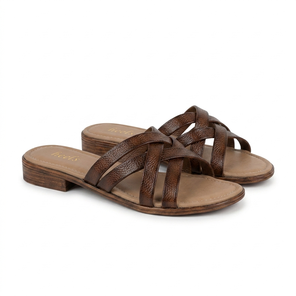 Woven Leather Flat Slides Tan - Top View