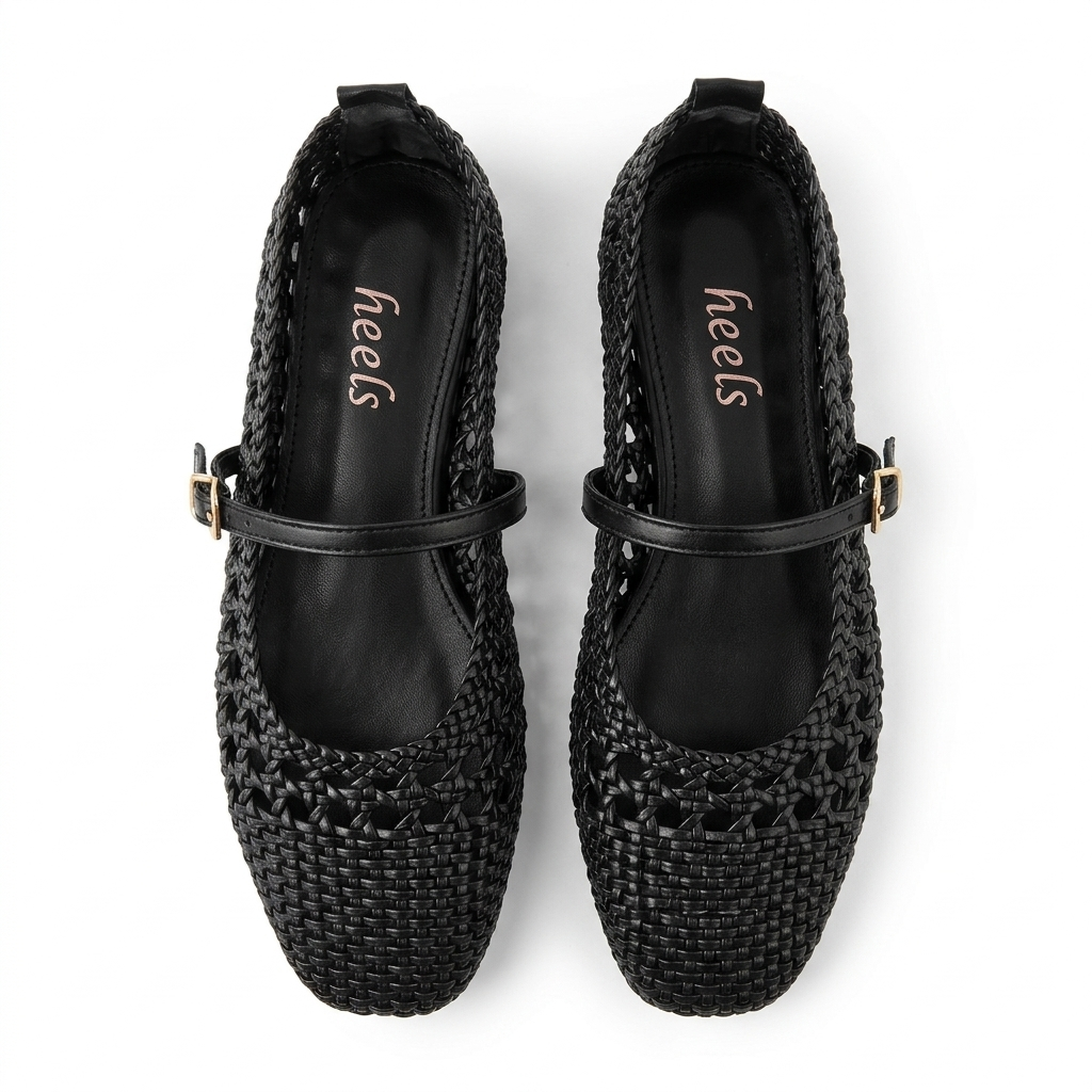 Meraki 2.0 Mesh Flat Mary Jane Leather Ballerinas Black - The Heels India