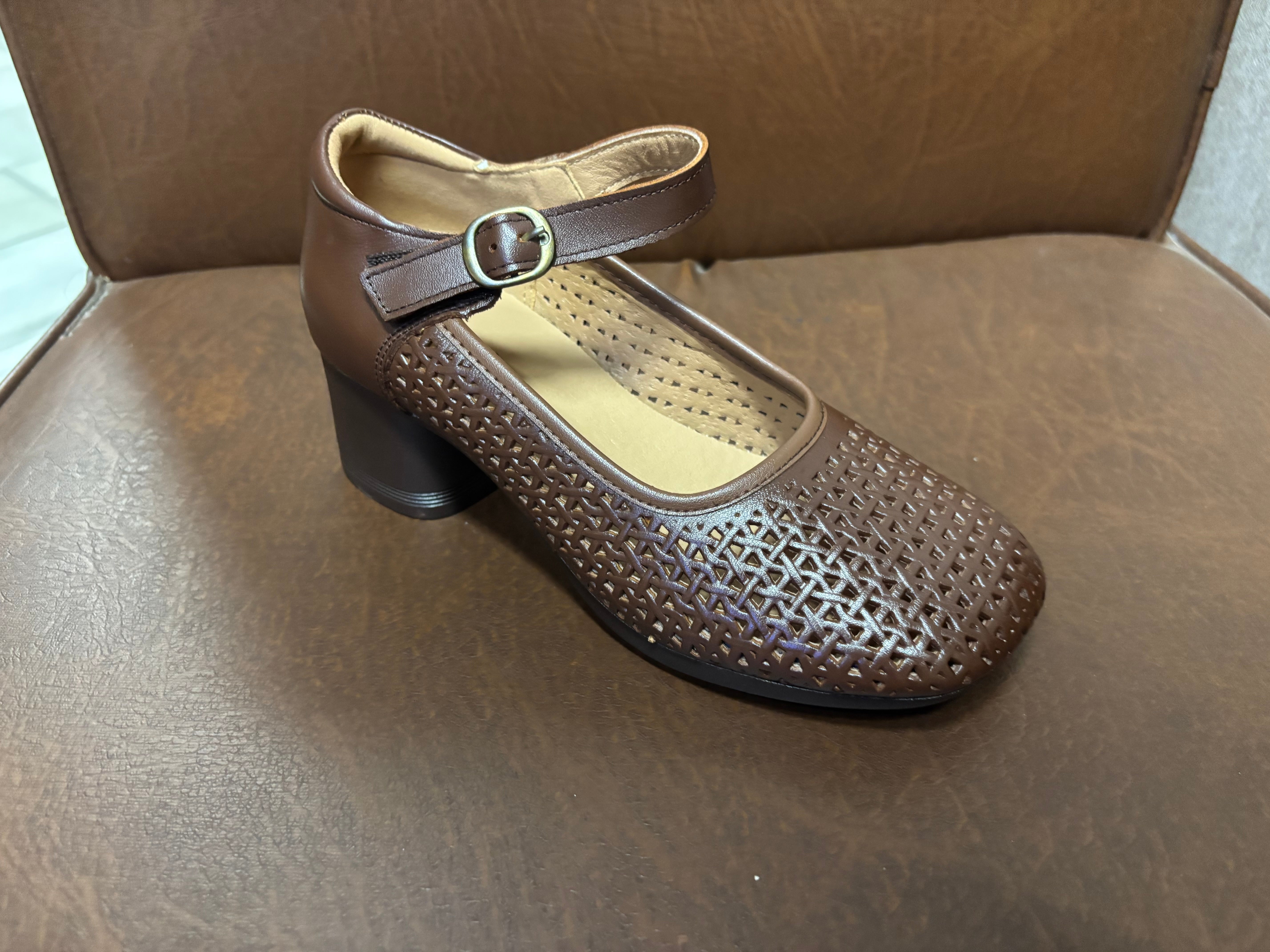Reya Premium Leather Perforated Ankle Strap Block Heel Sandals