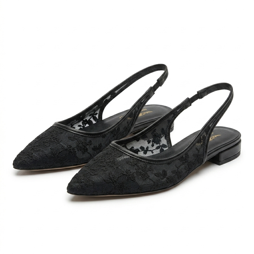Carmen Mesh Hand Embroidered Sling Back Pointed Ballerinas
