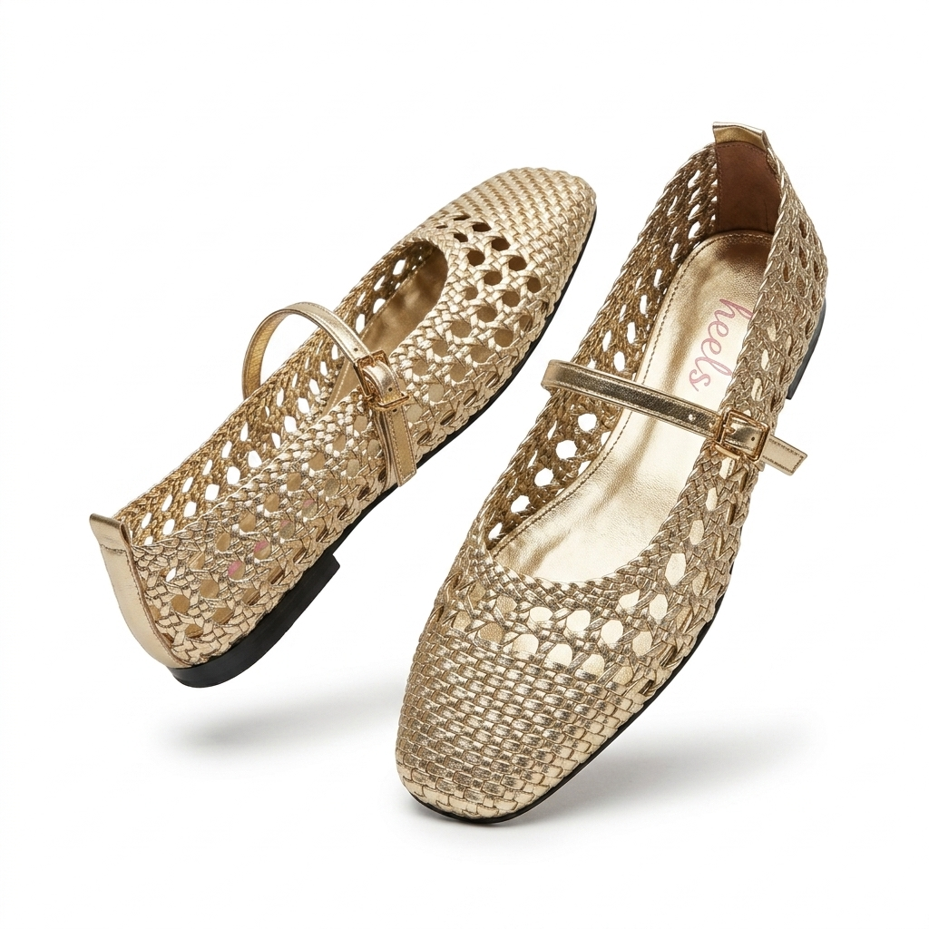 Meraki 2.0 Mesh Flat Mary Jane Leather Ballerinas Gold - The Heels India