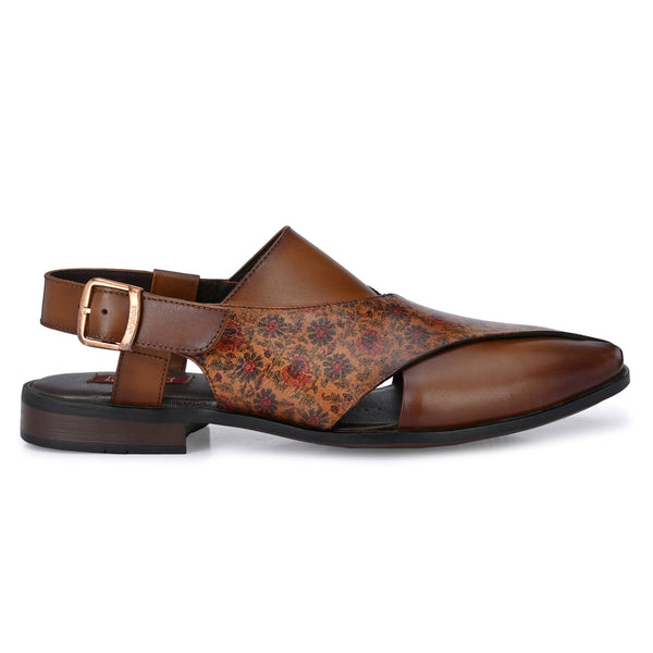 Herfa Hand Painted Tan Leather Peshawari Sandals