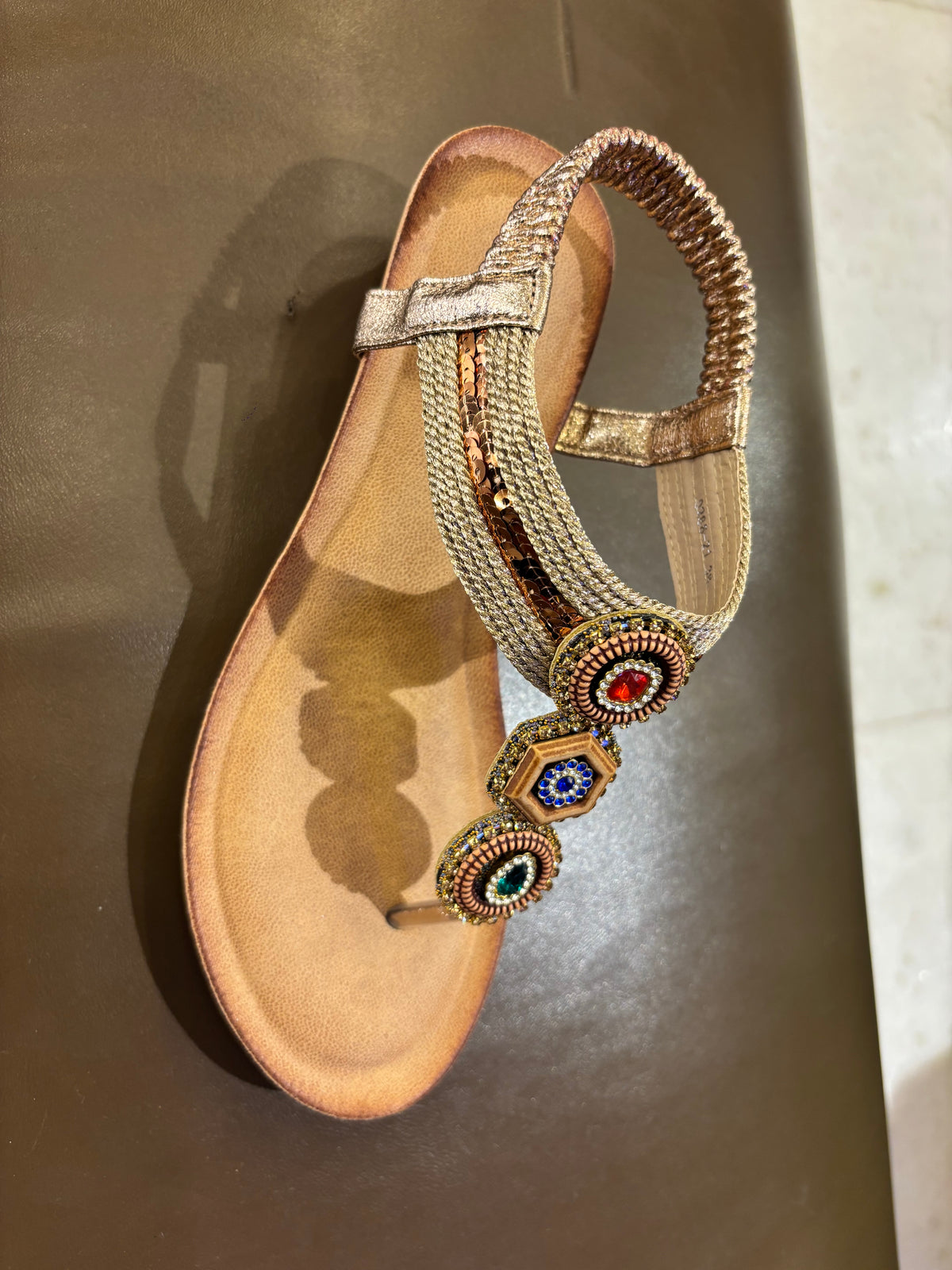 Cynthia Multy Beads Wedge Back Elastic Crochet Sandals in Champagne - The Heels India