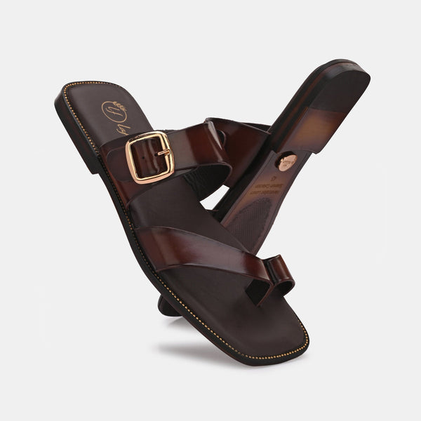 Zorah Brown Buckled Leather Slippers