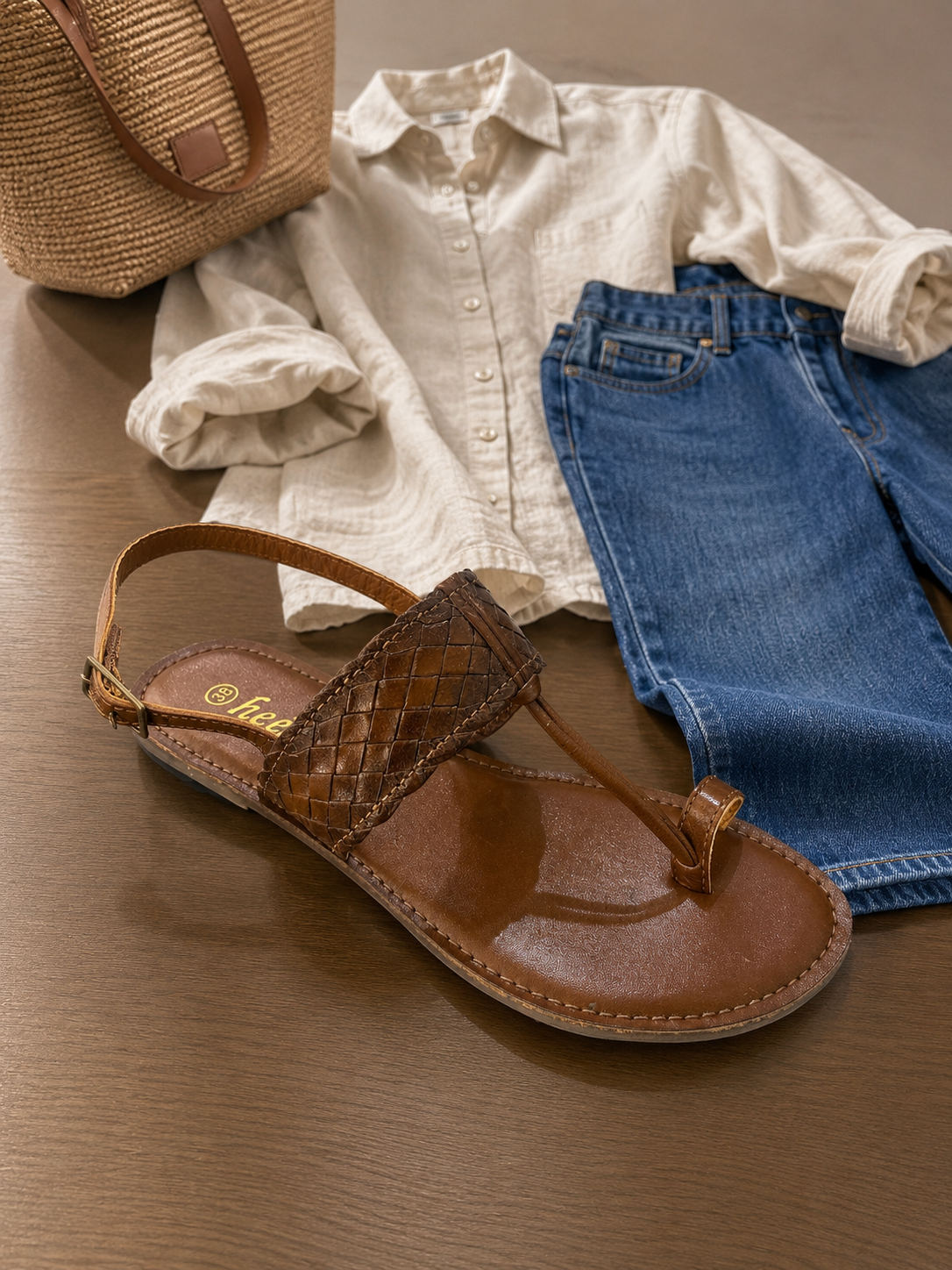 Venezia Woven Leather Flat Sandals Tan - The Heels India