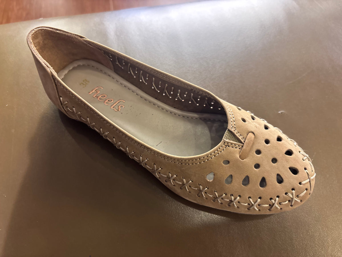 Lynda Nubuk Perforated Leather Ballerinas in Chikoo - The Heels India