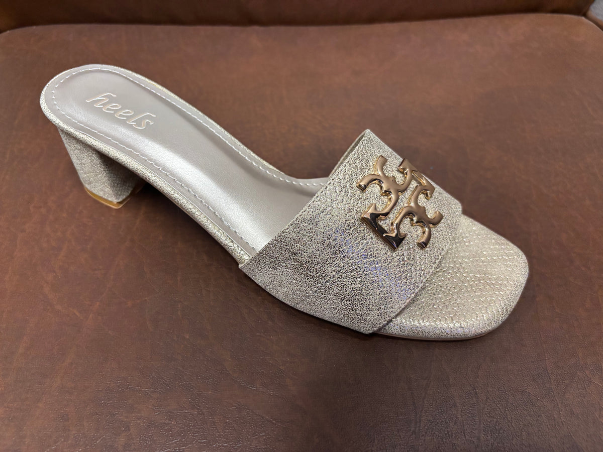 Klara Slip On Block Heel Mules in Gold - The Heels India