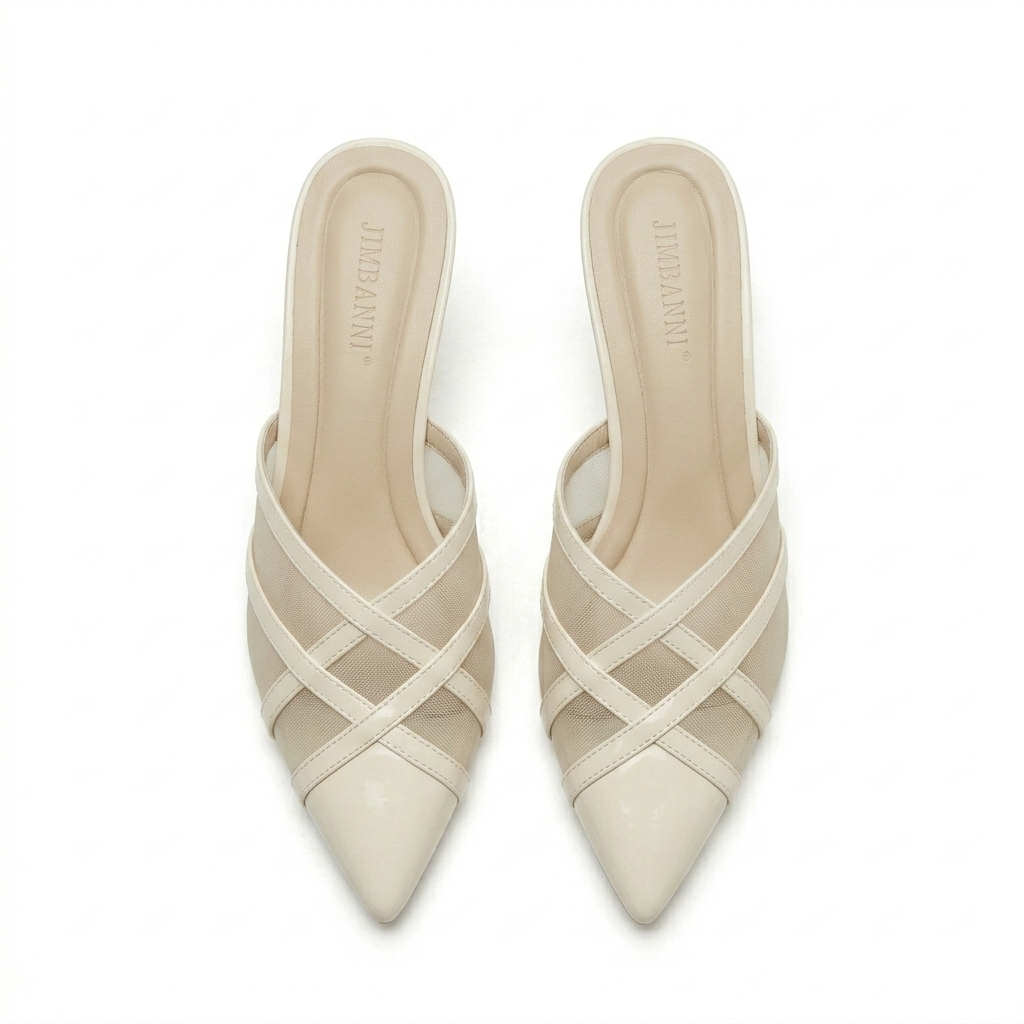 Audrey Criss Cross Back Open Mesh Patent Kitten Heel Mules