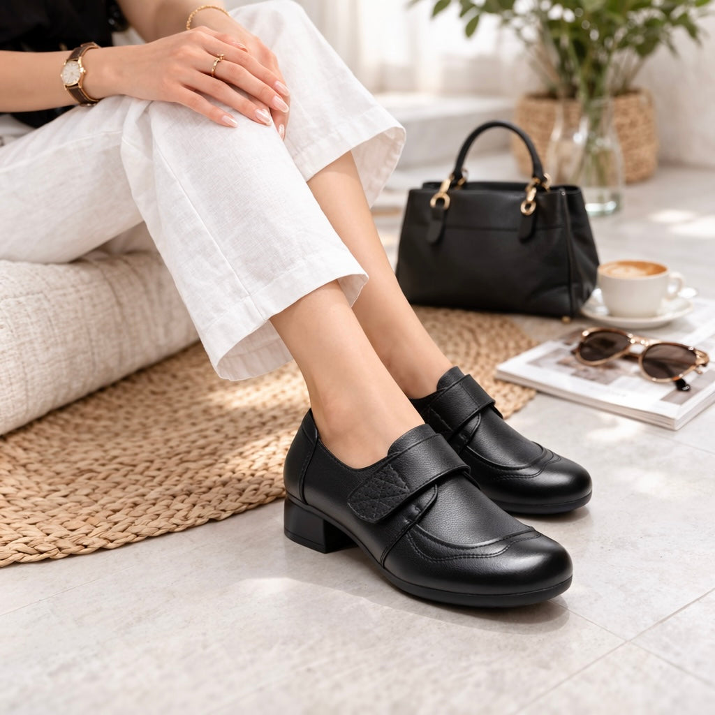 Sasha Premium Leather Velcro Strap Mid Heel Loafers