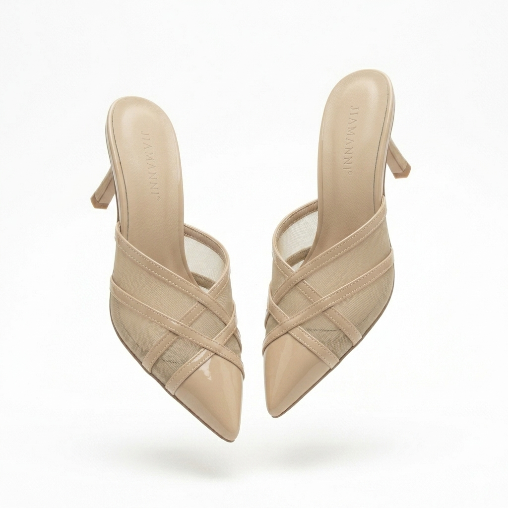 Audrey Criss Cross Back Open Mesh Patent Kitten Heel Mules