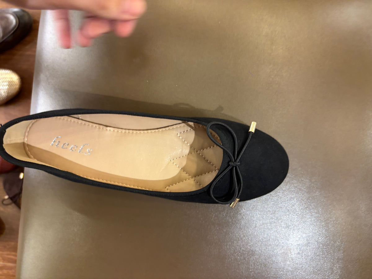 Charlette Cushioned Flat Knot Bow Suede Ballerinas in Black - The Heels India