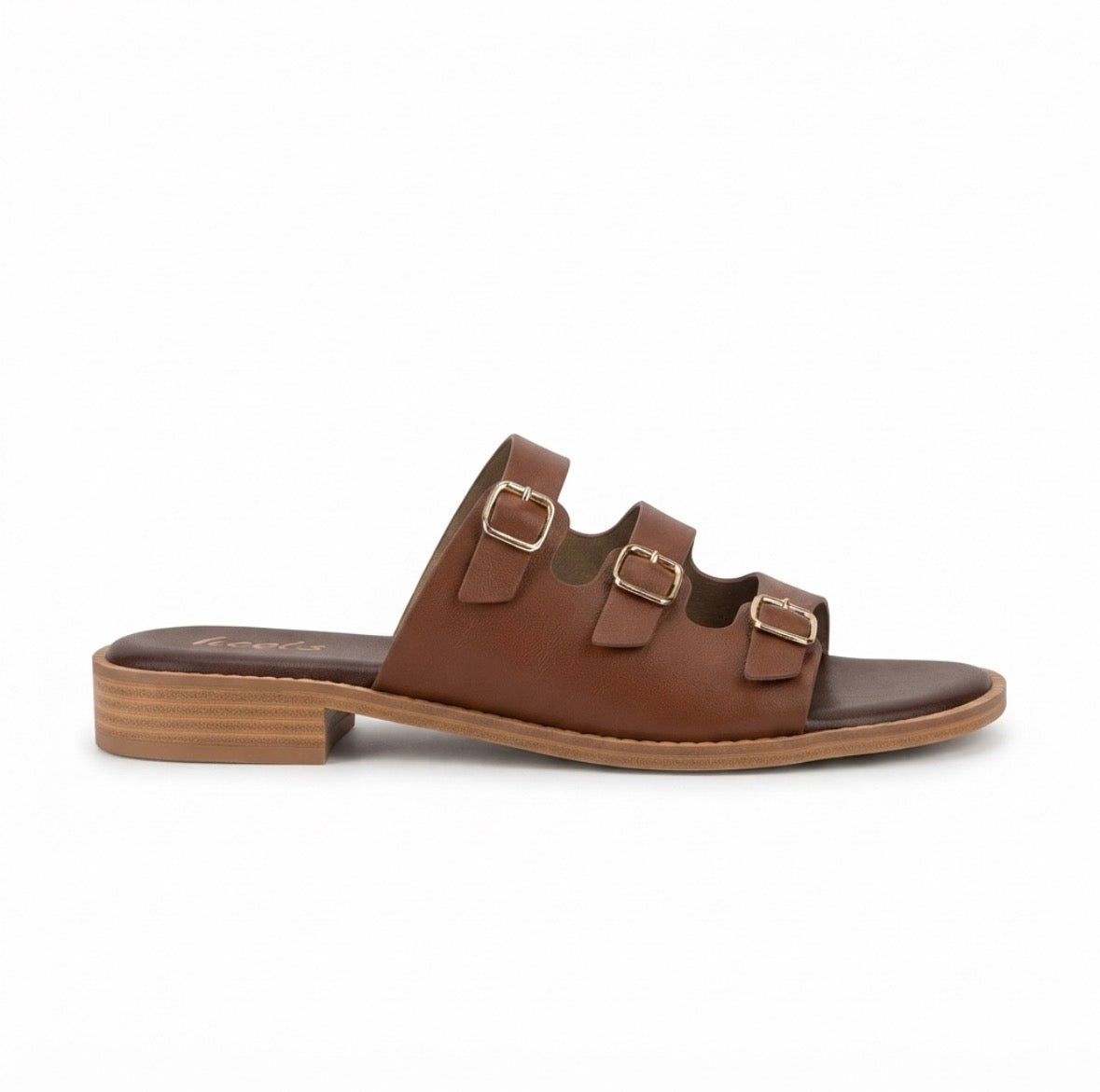 Zeeba Triple Buckle Cushioned Sliders in Tan - The Heels India