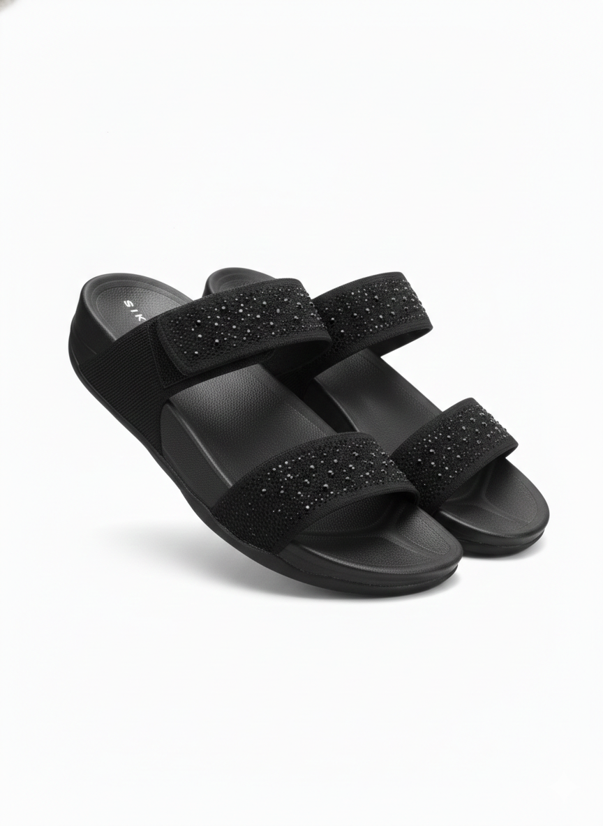 Sienna Cushioned Velcro Double Strap Sliders - The Heels India