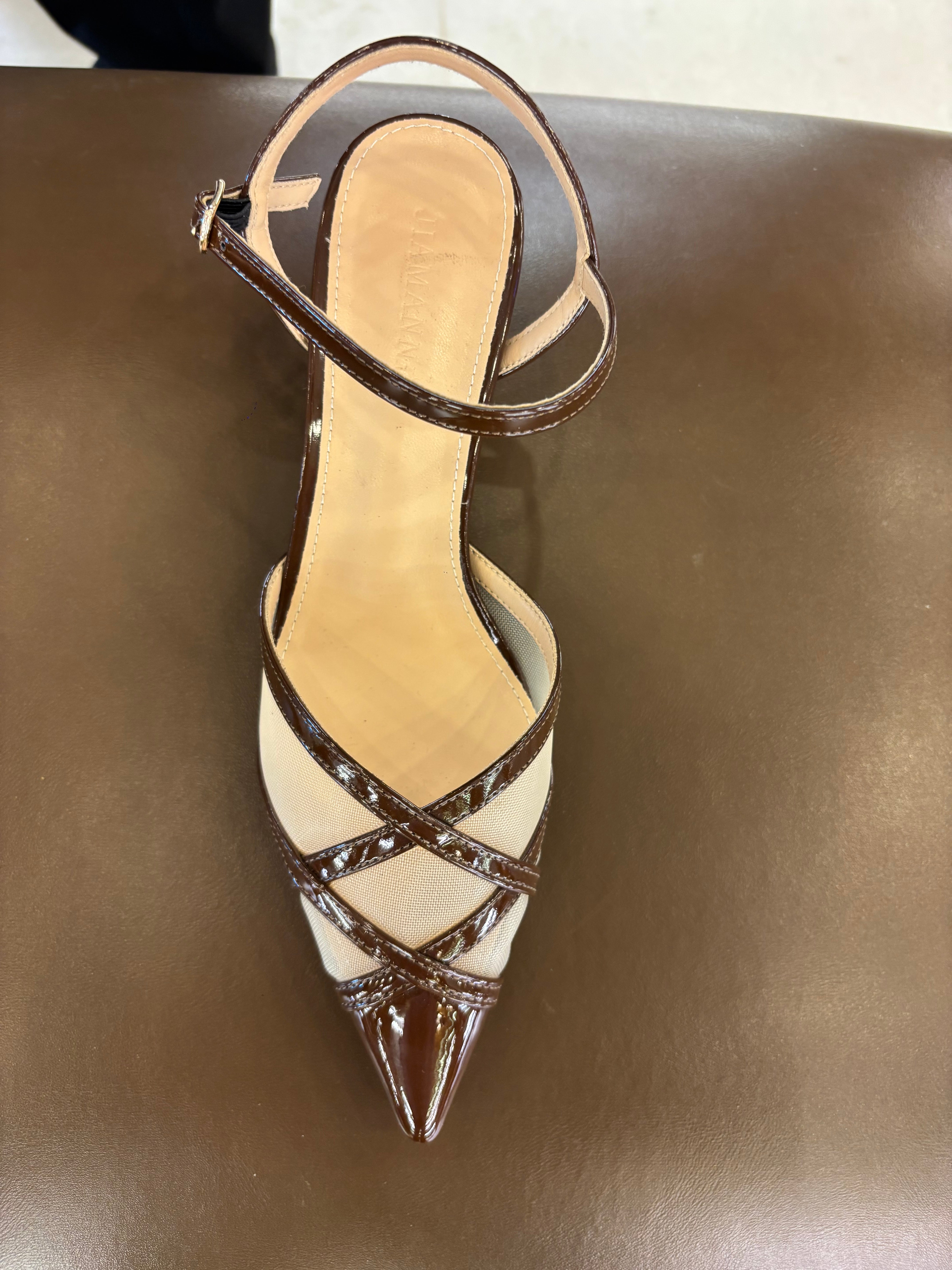 Emrata Criss Cross Mesh Patent Kitten Heels
