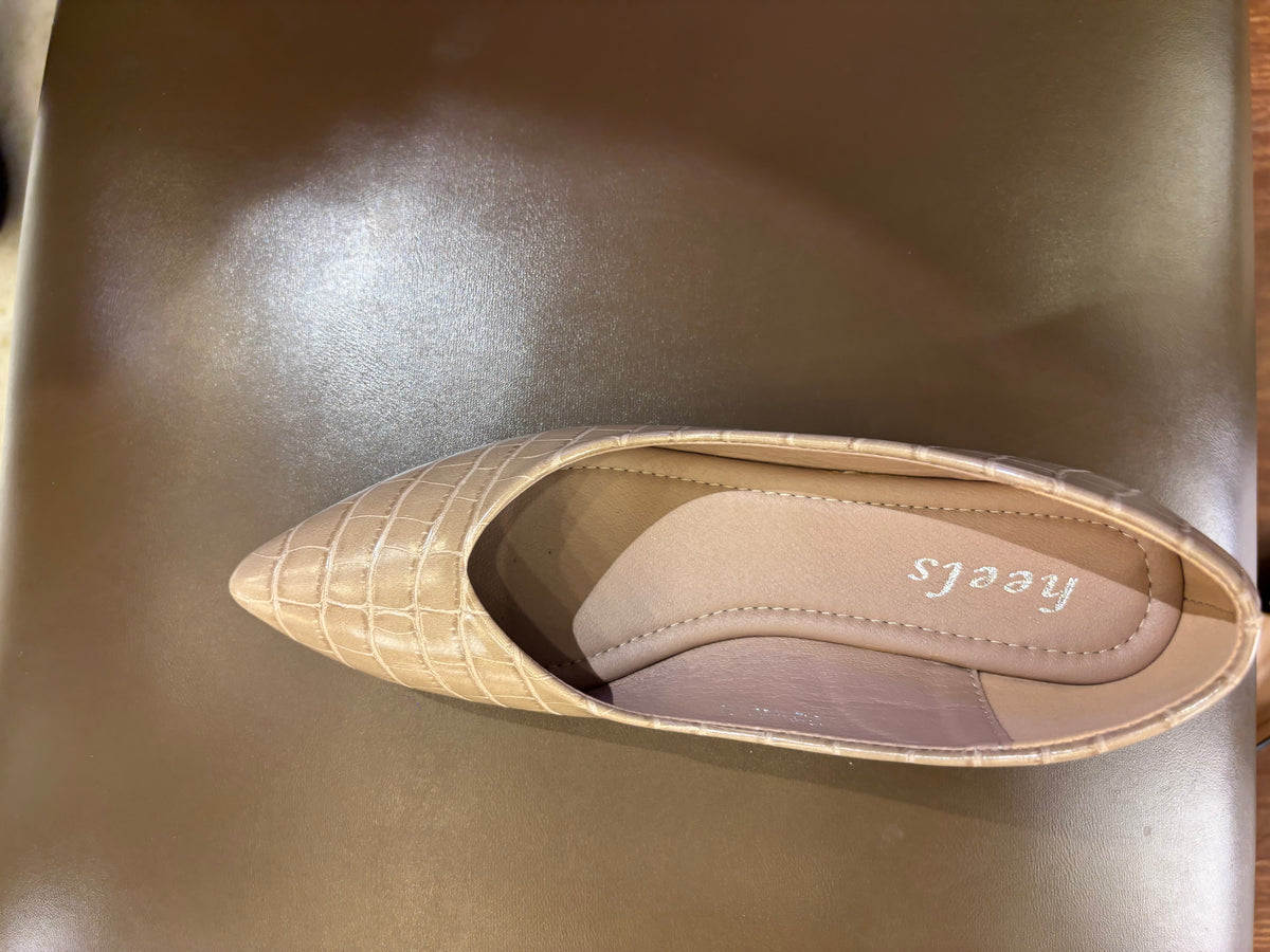 Chloe Croco Pointed Mid Heel Ballerinas in Khaki - The Heels India