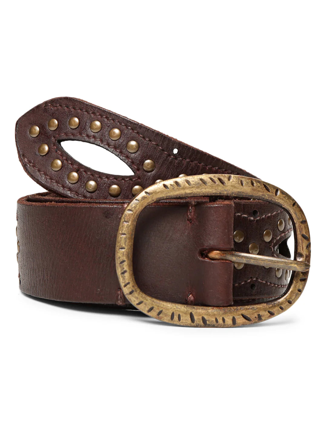 Brown Laser With Studded Leather Belt For Women