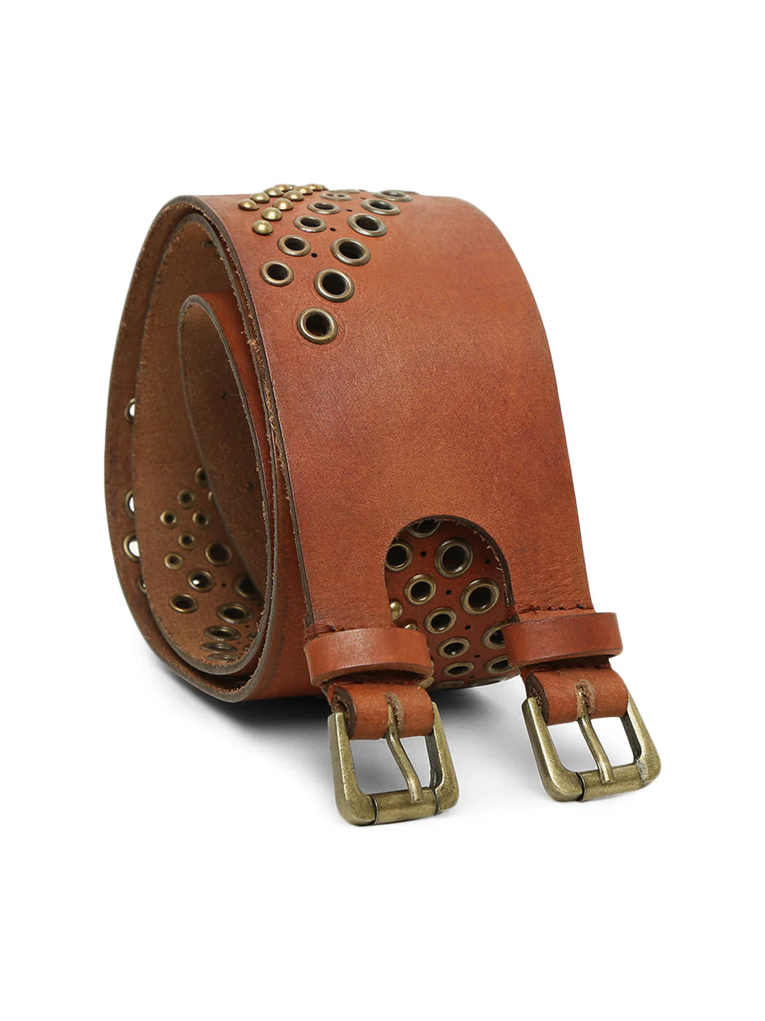 Tan Studded Genuine Leather Belt For Women