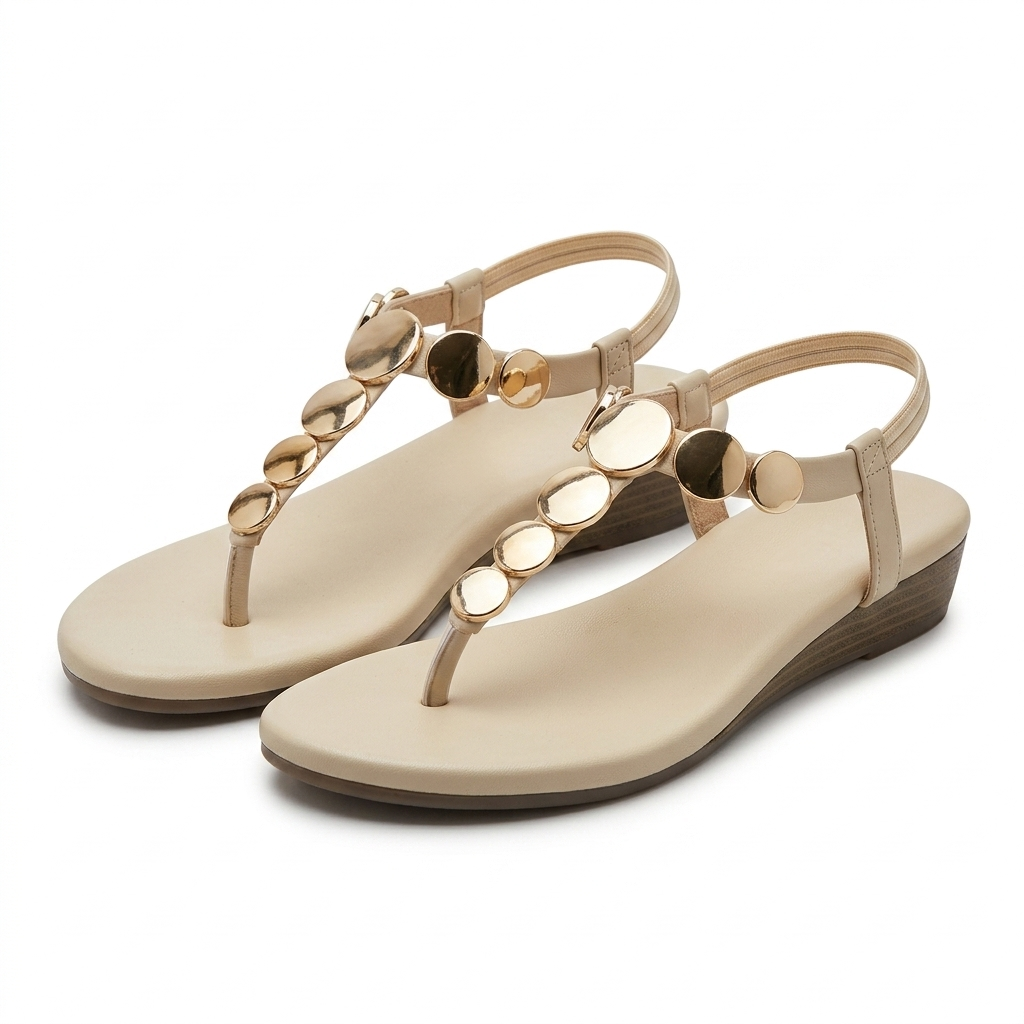 Erica Metallic Sphere Back Elastic Wedge Sandals