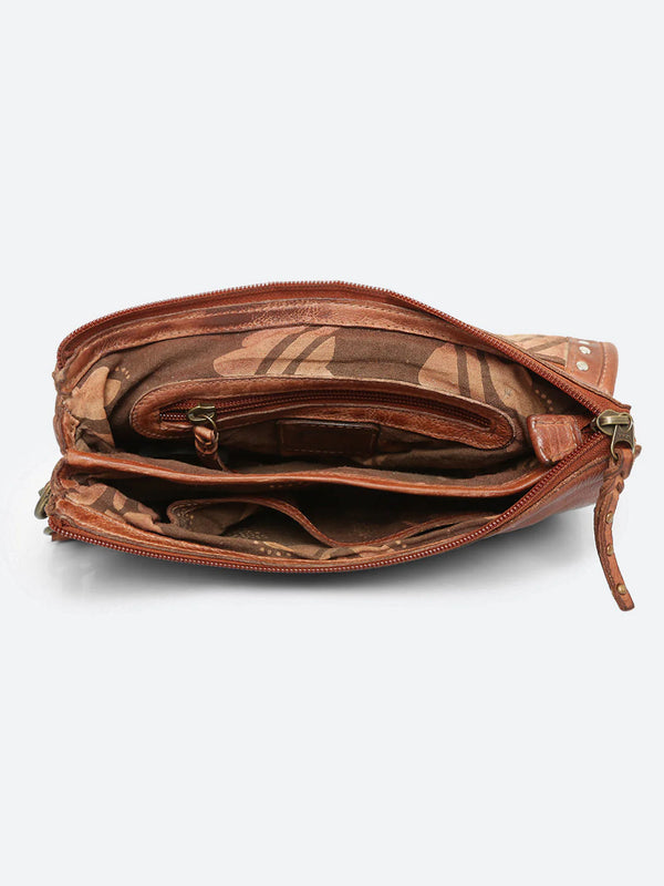 Savio: Leather Embellished Cognac Crossbody Flap Bag