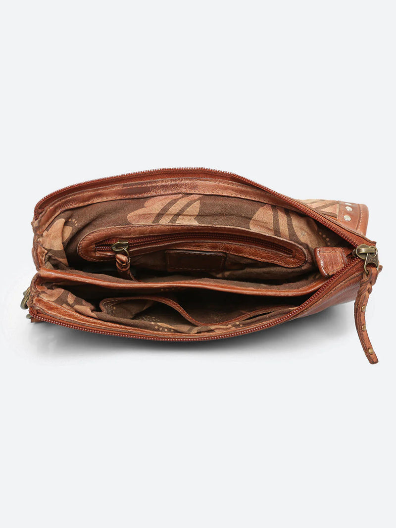 Savio: Leather Embellished Cognac Crossbody Flap Bag