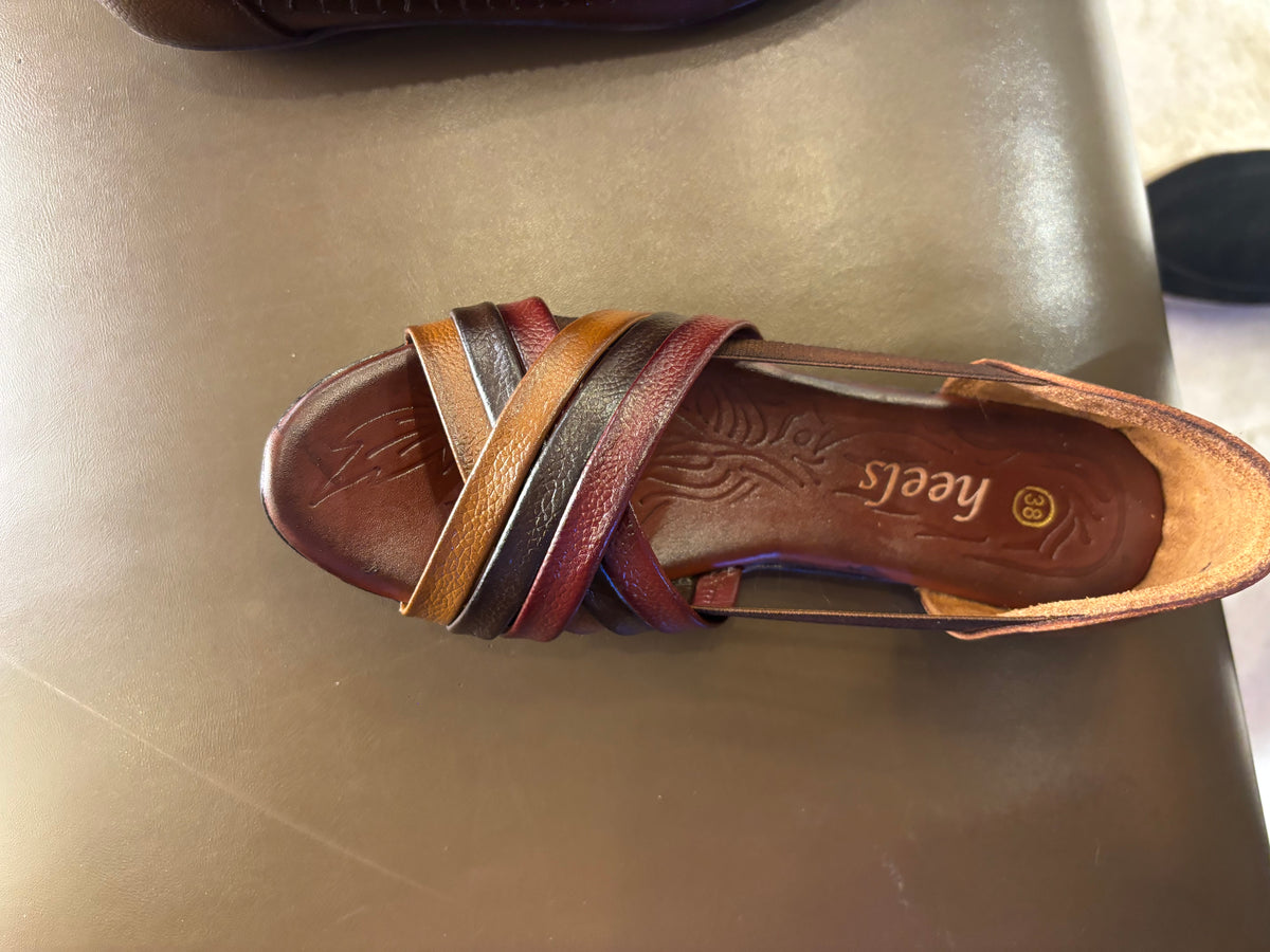 Georgia Rainbow Leather Crisscross Sandals in Rust - The Heels India