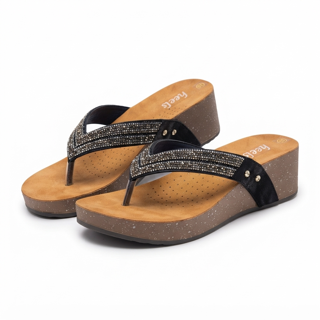 Chloe Bling V Strap Wedge Slippers in Black - The Heels India