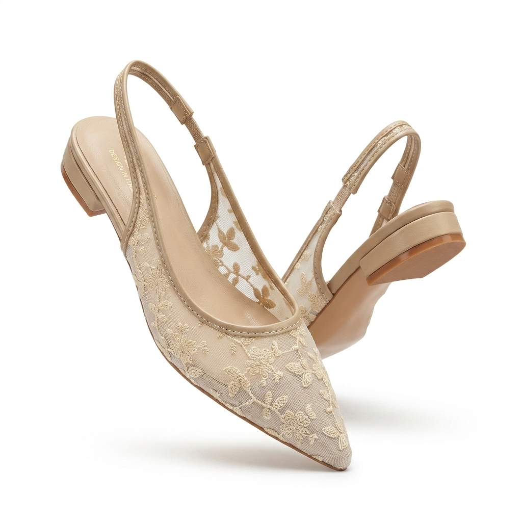 Carla Mesh Hand Embroidered Sling Back Pointed Ballerinas