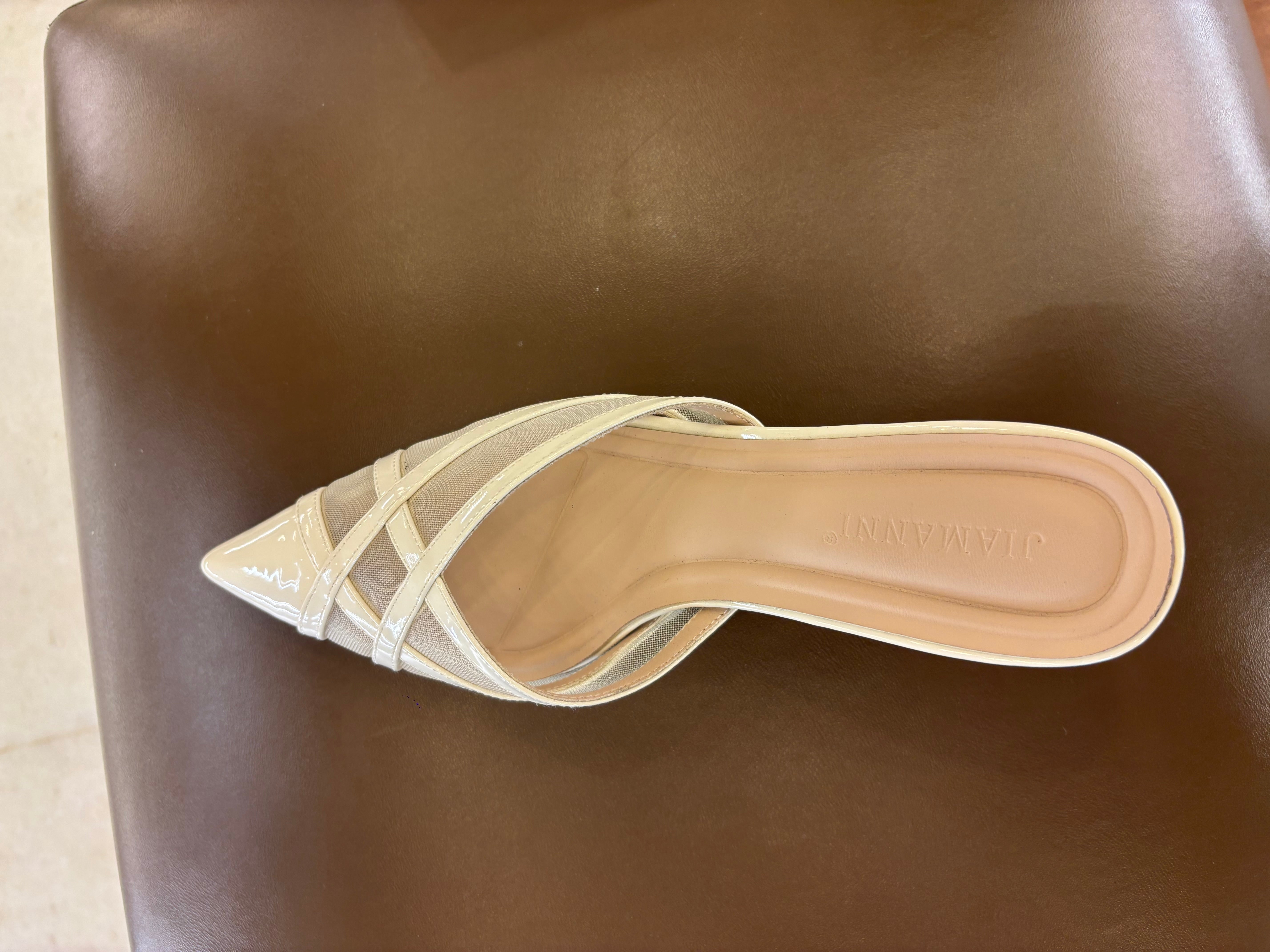 Audrey Criss Cross Back Open Mesh Patent Kitten Heel Mules
