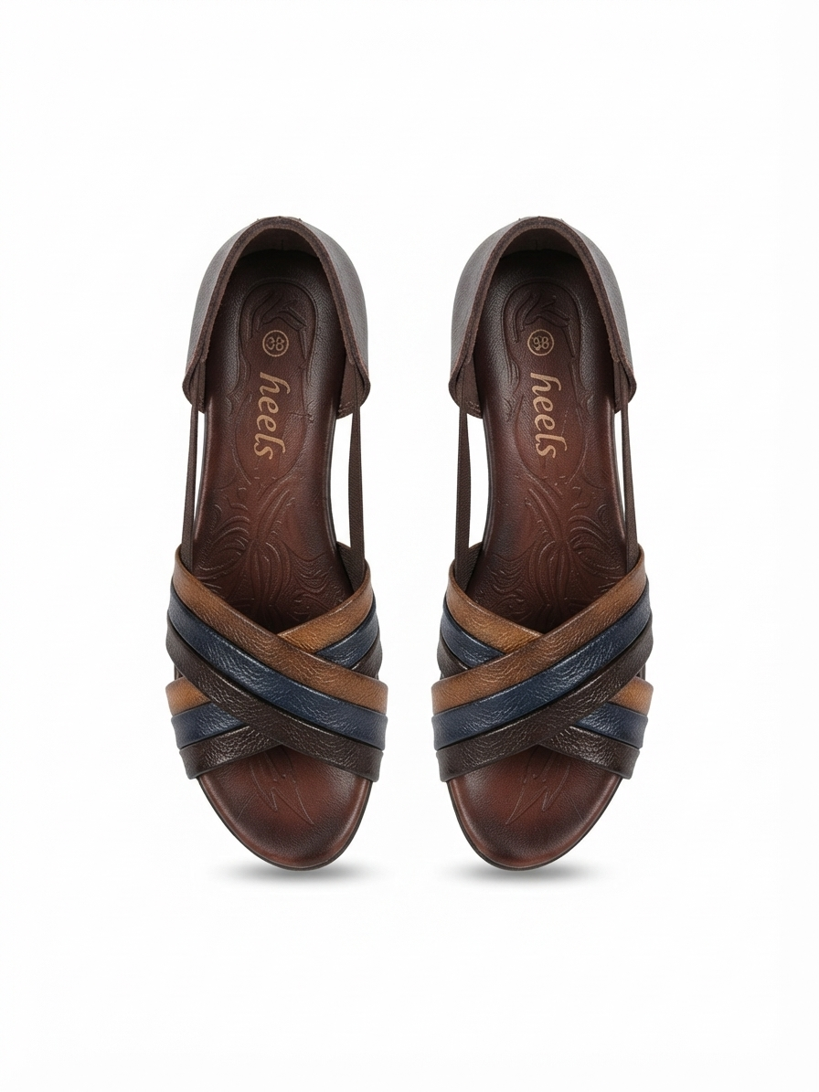 Georgia Rainbow Leather Crisscross Sandals in Brown - The Heels India