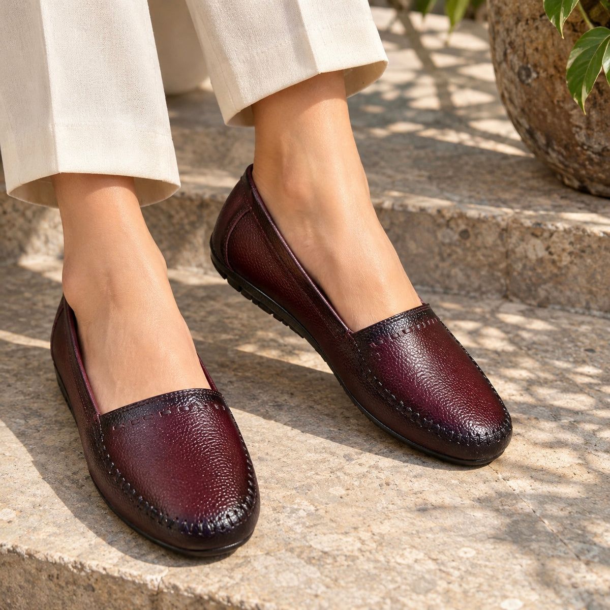 Lizzy 3.0 Leather Classic Ballerinas in Maroon - The Heels India