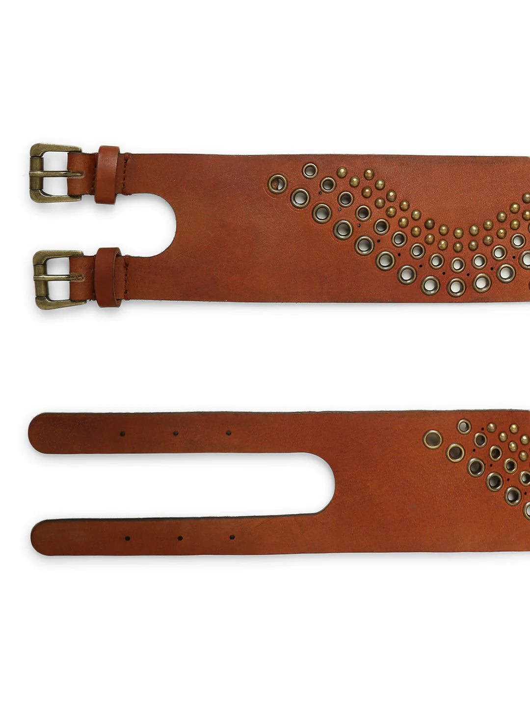 Tan Studded Genuine Leather Belt For Women