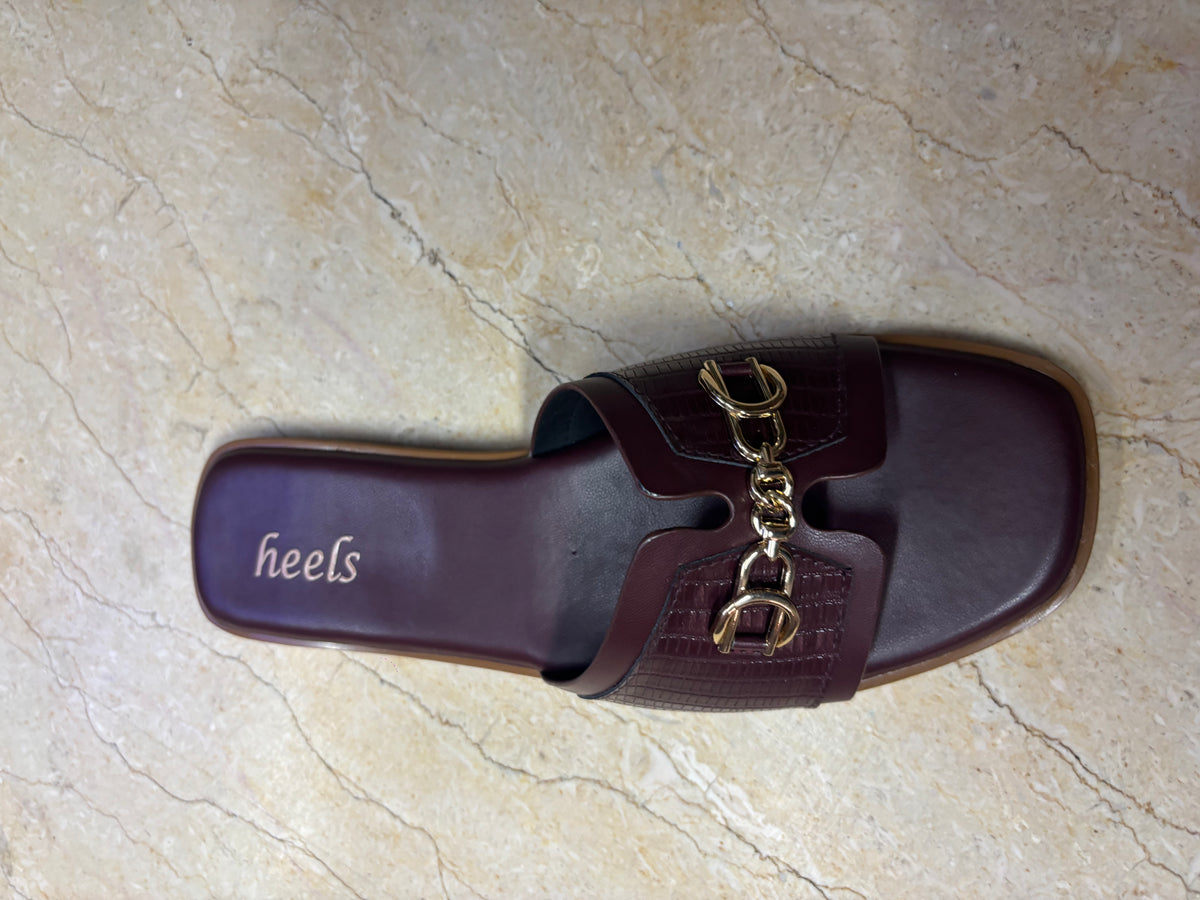 Julia Croco Chain Flat Summer Sliders in Wine - The Heels India