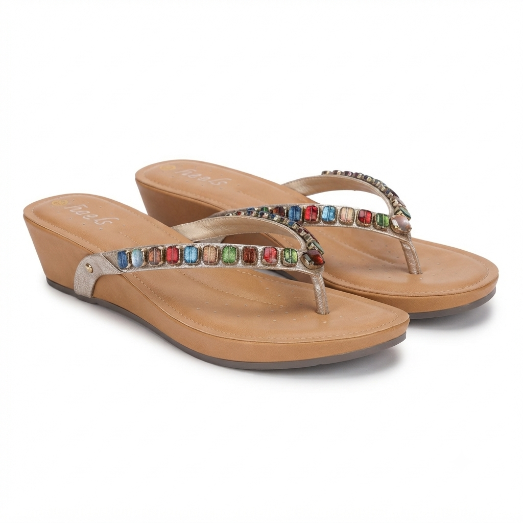 Julia Cushioned Beads V Strap Wedge Slippers