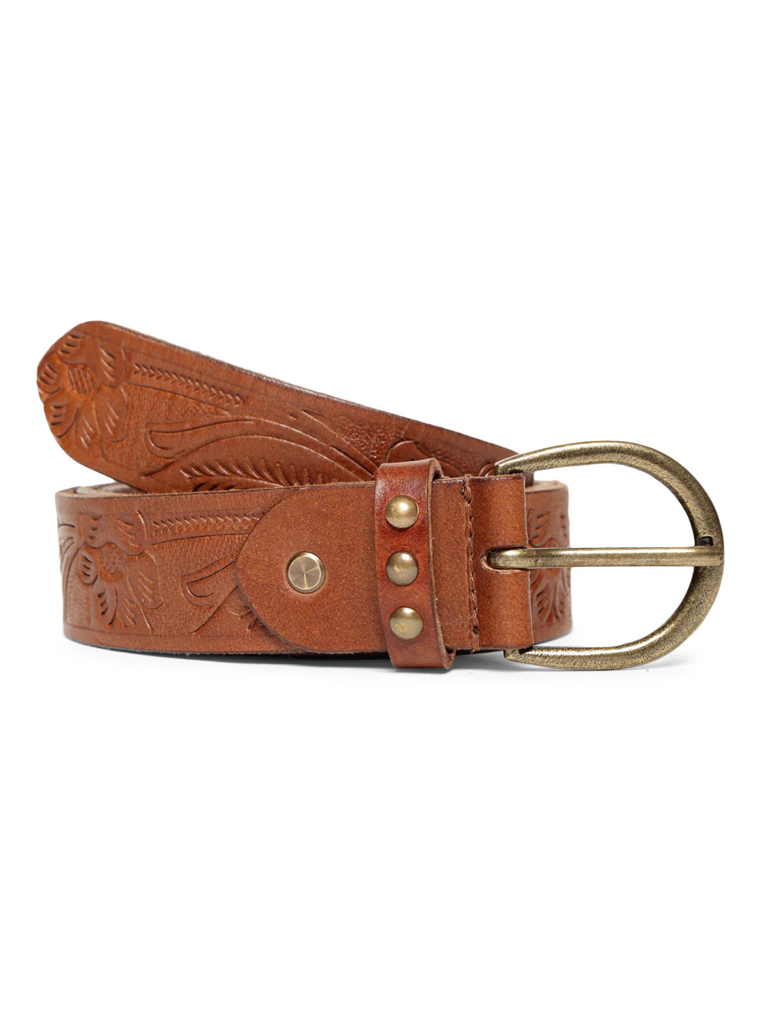 Cognac Hand-tooled Design Leather Belt