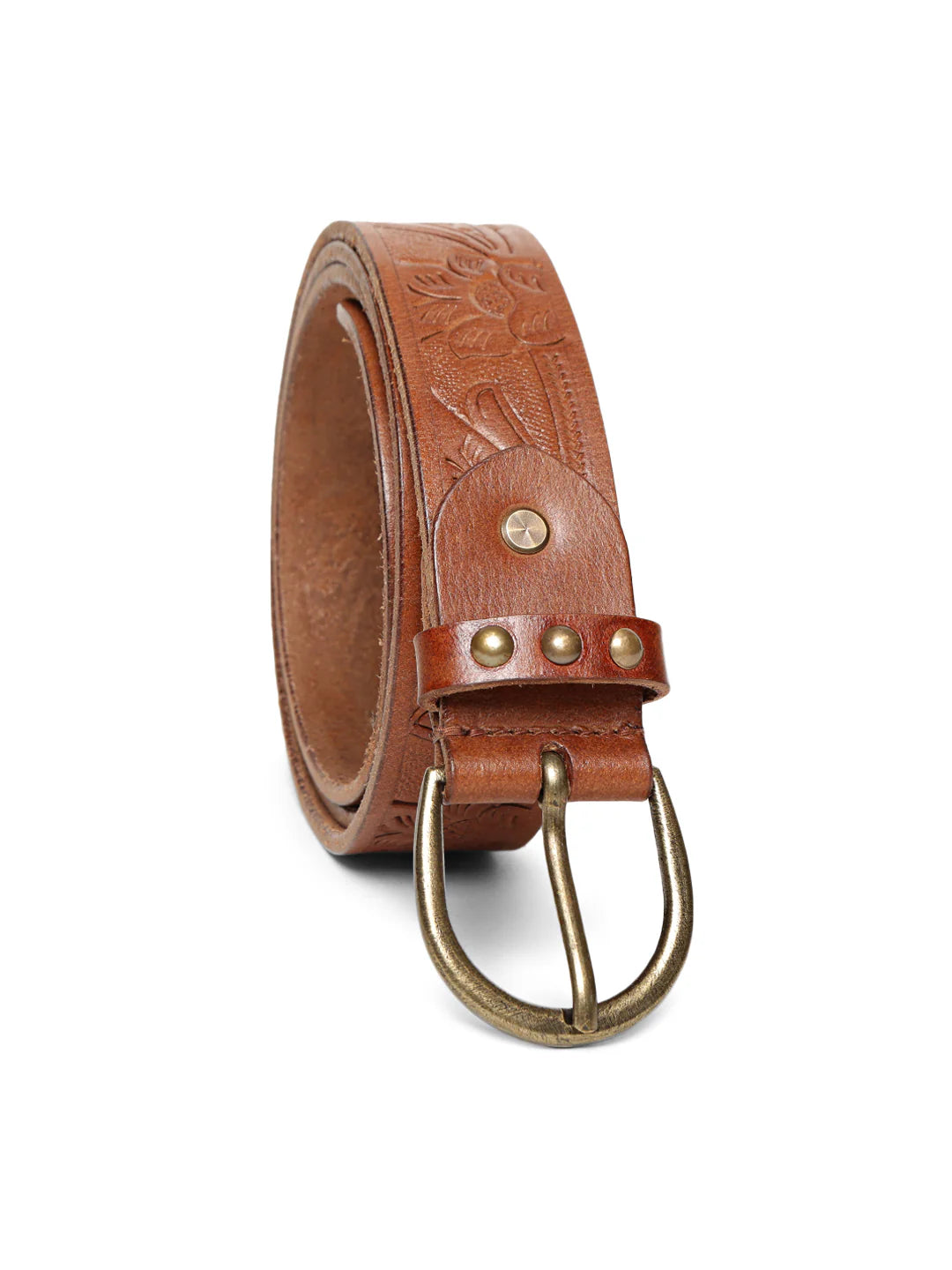 Cognac Hand-tooled Design Leather Belt