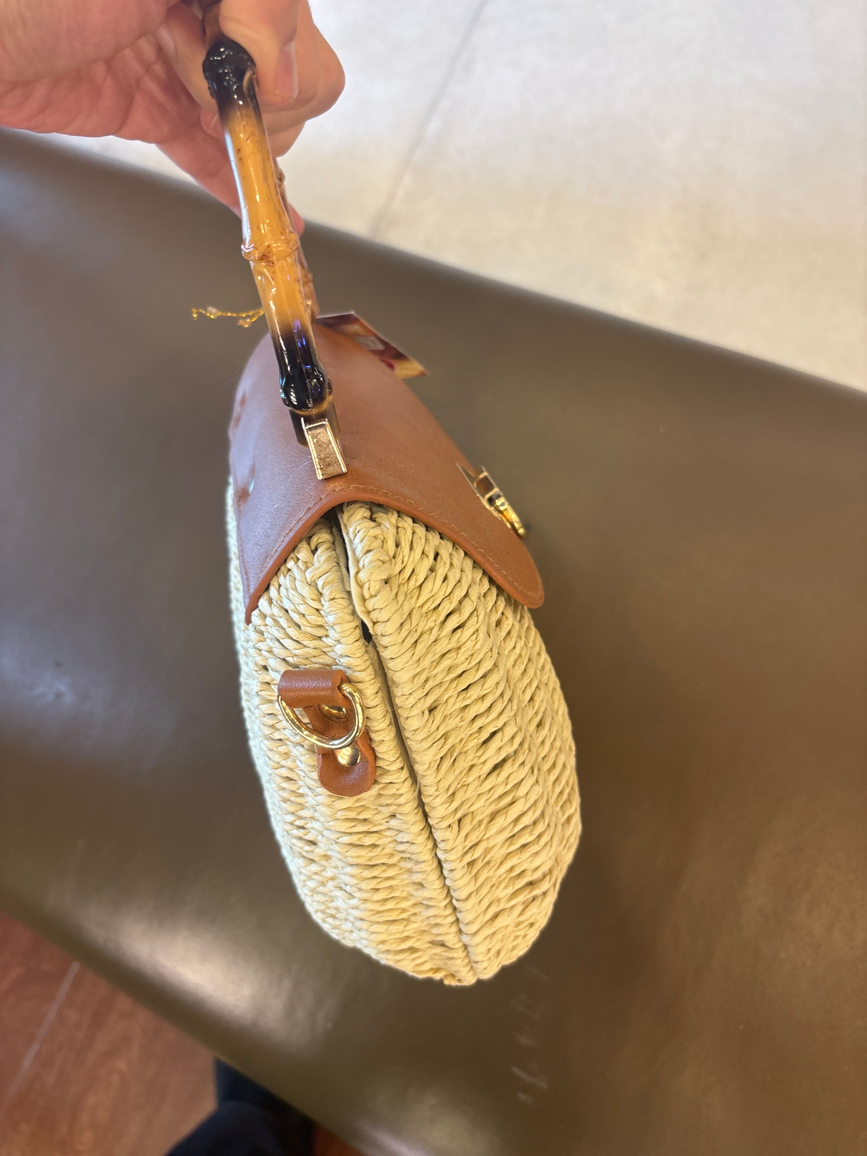 Wooden Handle Boho Straw Sling Bags