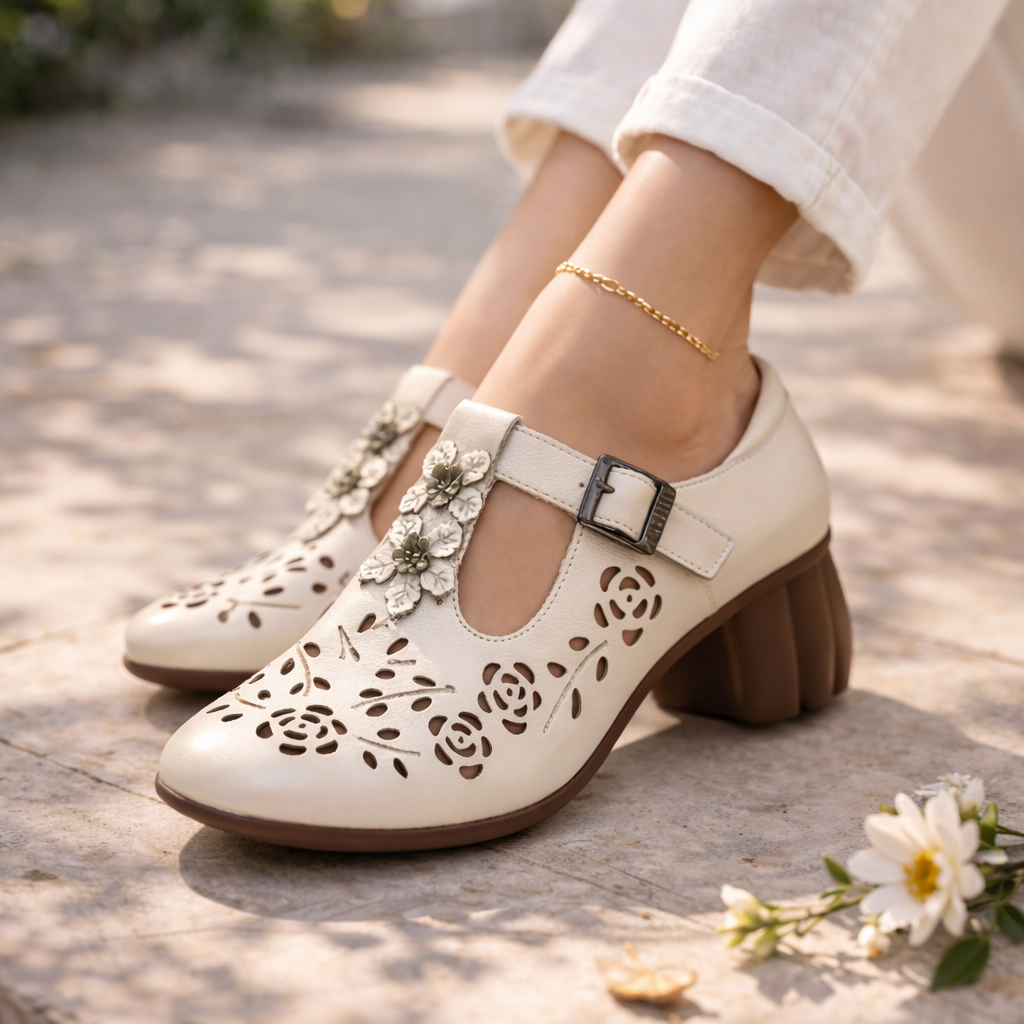 Bloom Premium Leather Perforated Ankle Strap Summer Sandals - The Heels India