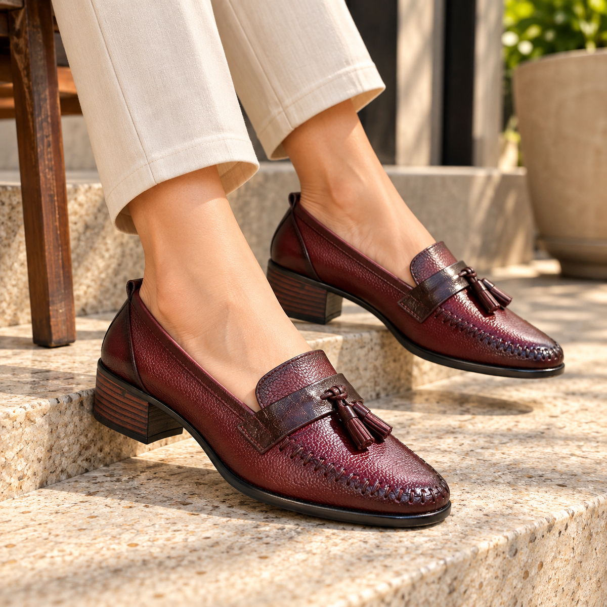 Fiona Leather Tassel Block Heel Loafers in Maroon – view 3