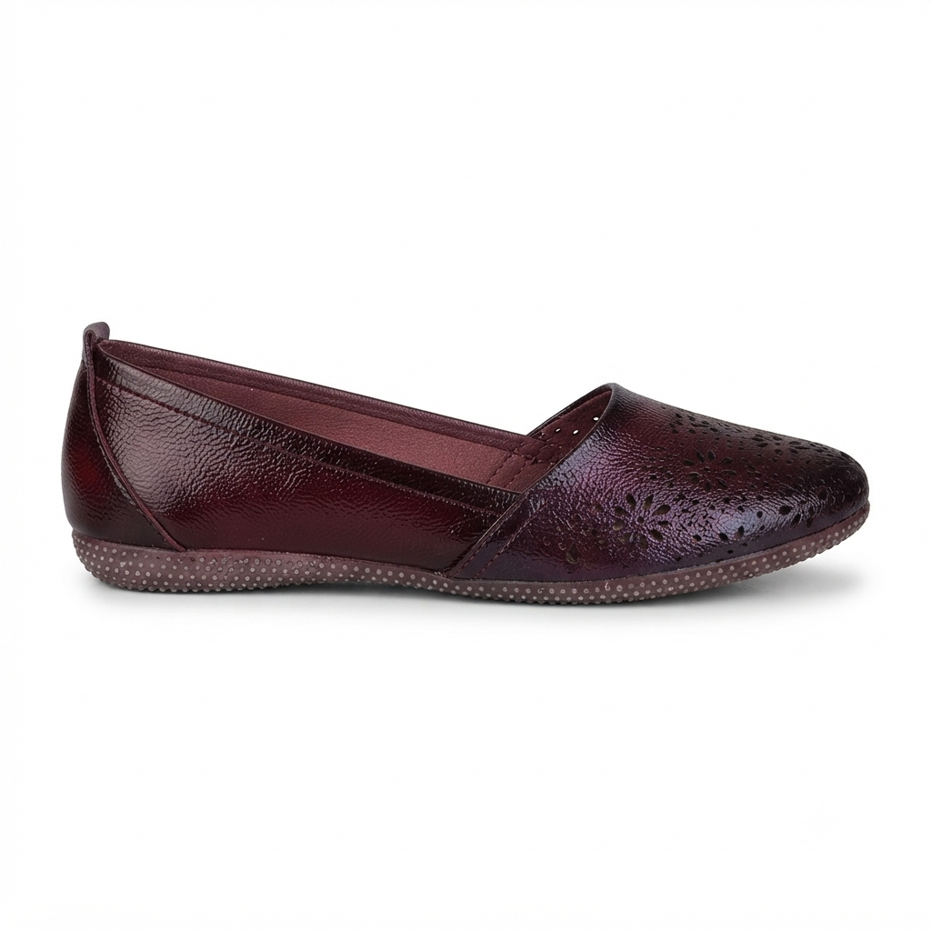 Ellis Leather Perforated Flat Ballerinas in Maroon - The Heels India