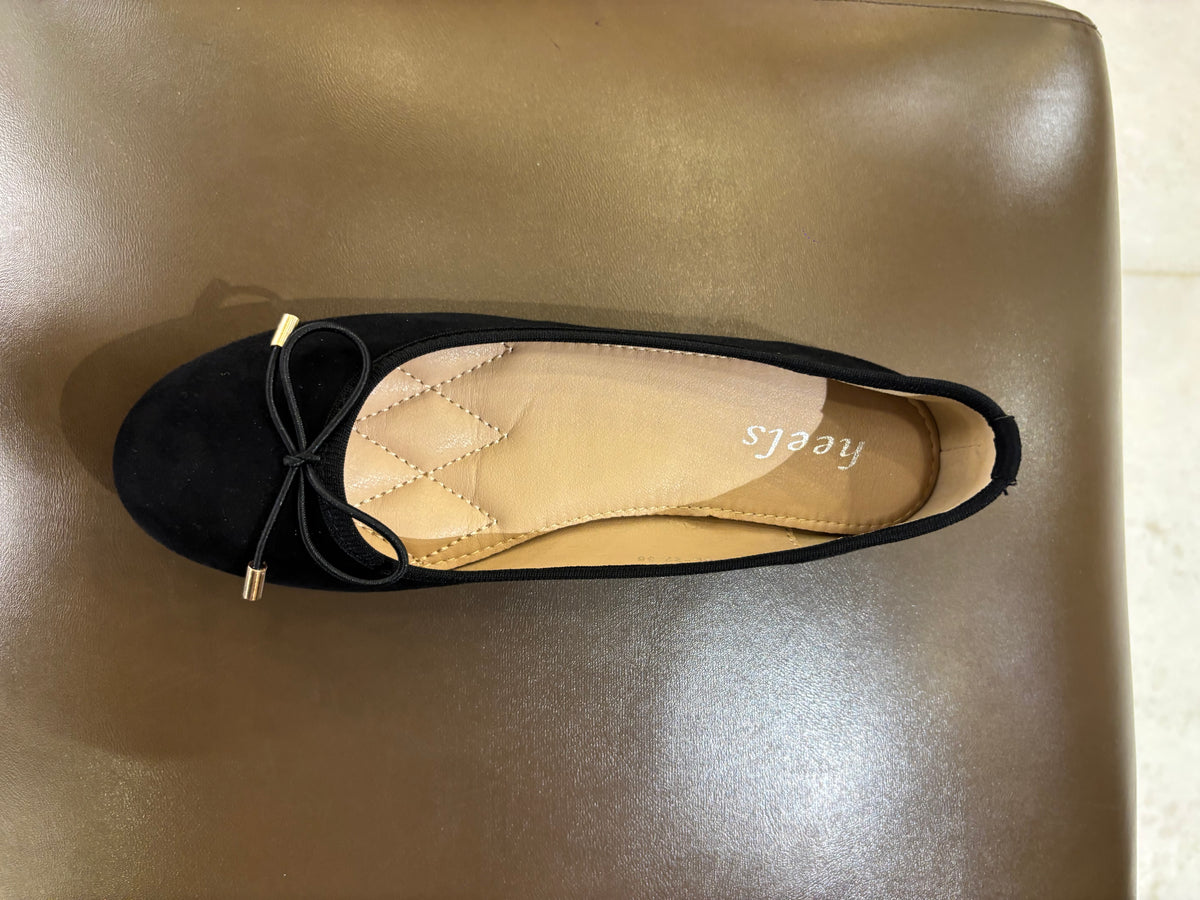 Charlette Cushioned Flat Knot Bow Suede Ballerinas in Black - The Heels India