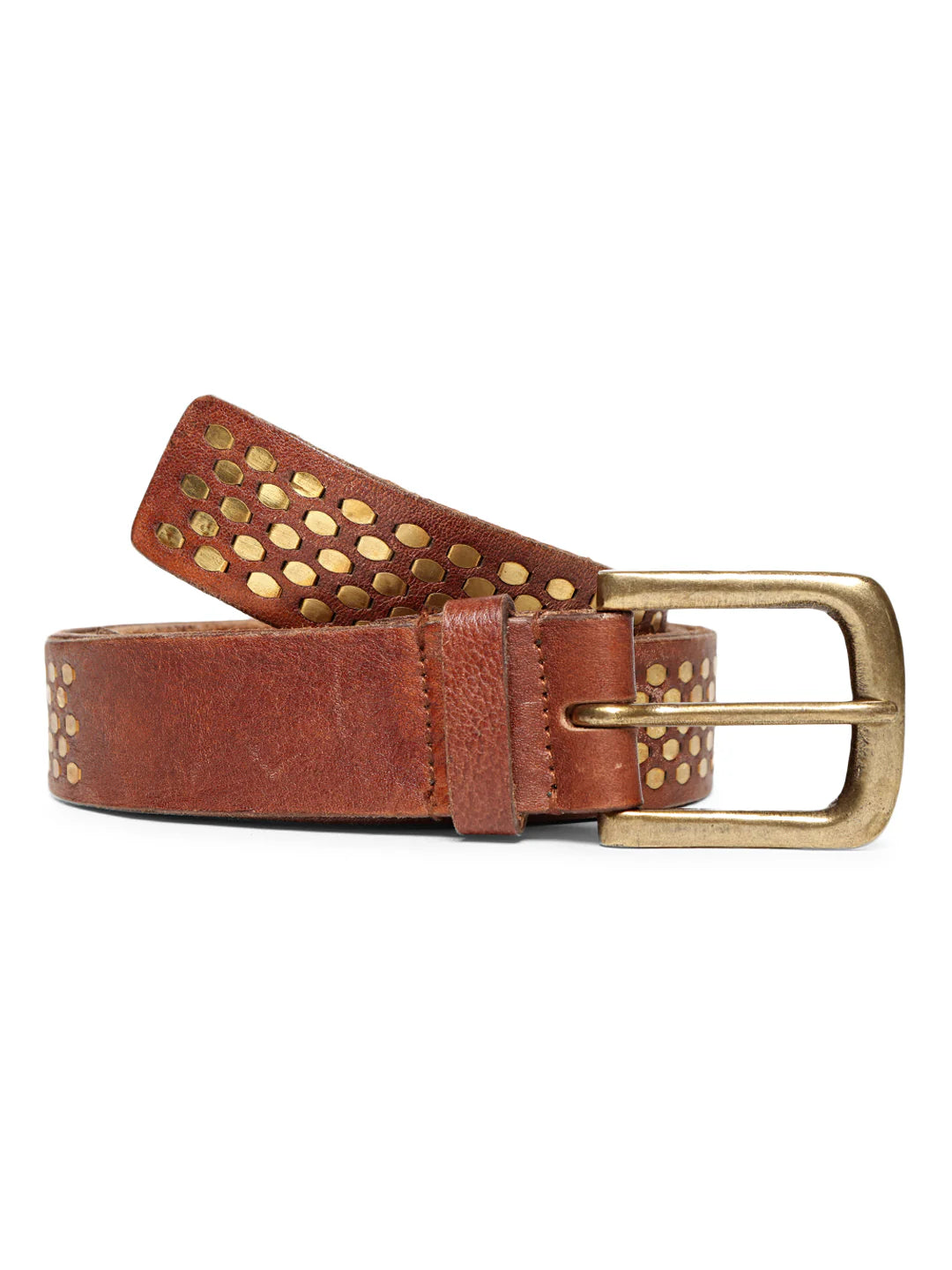 Cognac Genuine Leather Belt With Golden Catcher Rivet Design