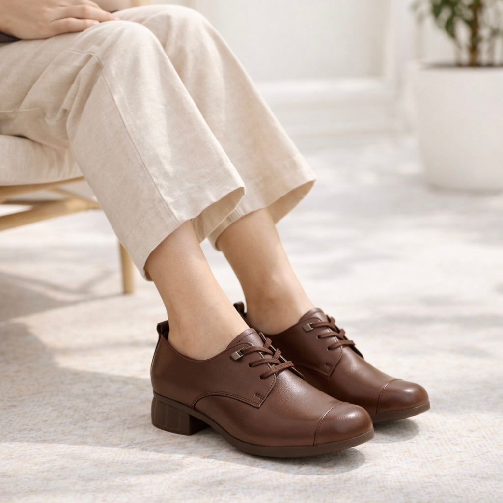 Barbara Premium Leather Lace Up Mid Heel Loafers