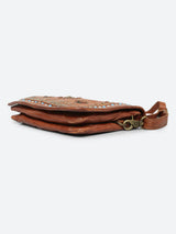 Savio: Leather Embellished Cognac Crossbody Flap Bag