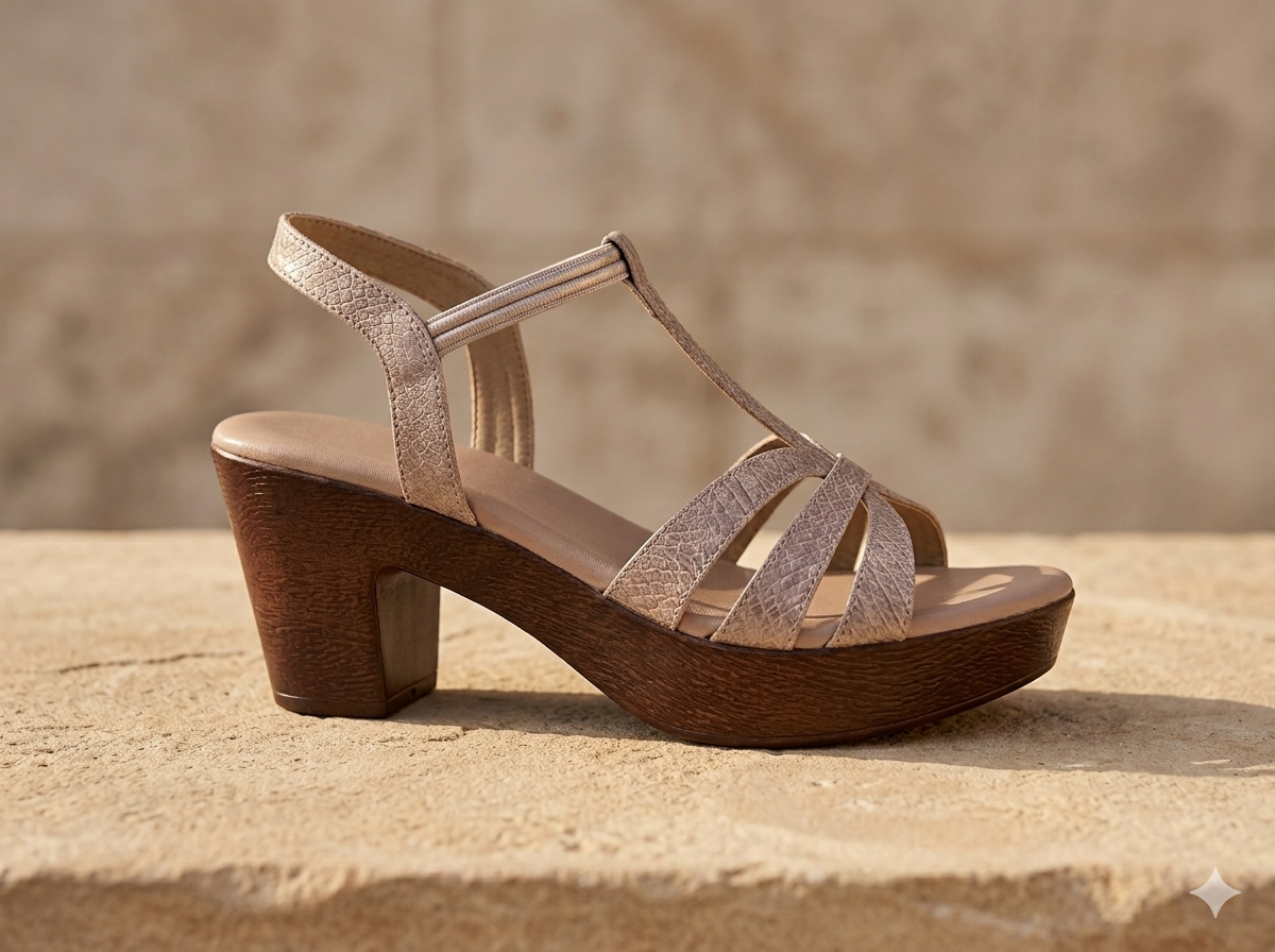 Snake Texture T-Strap Platform Block Heel Sandal – Beige