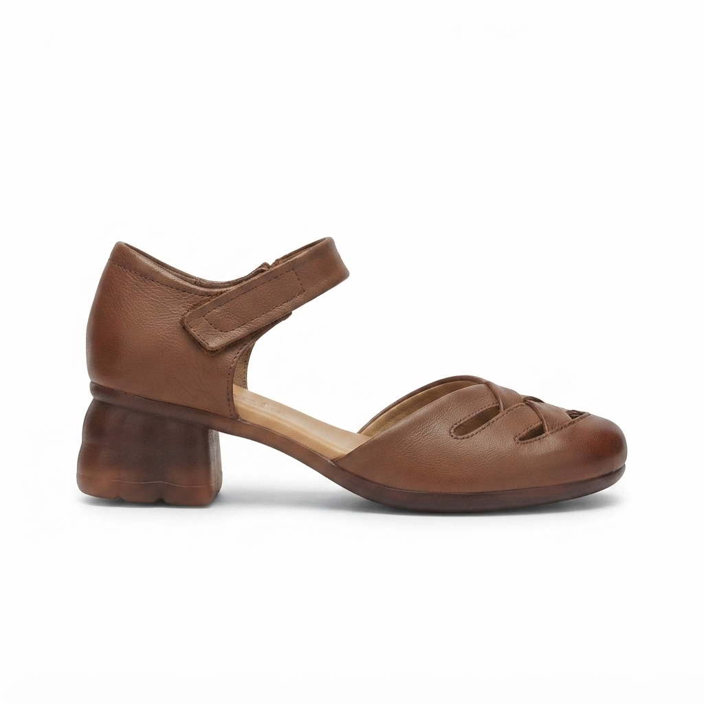 Zoe Leather Velcro Strap Cushioned Block Heel Sandals