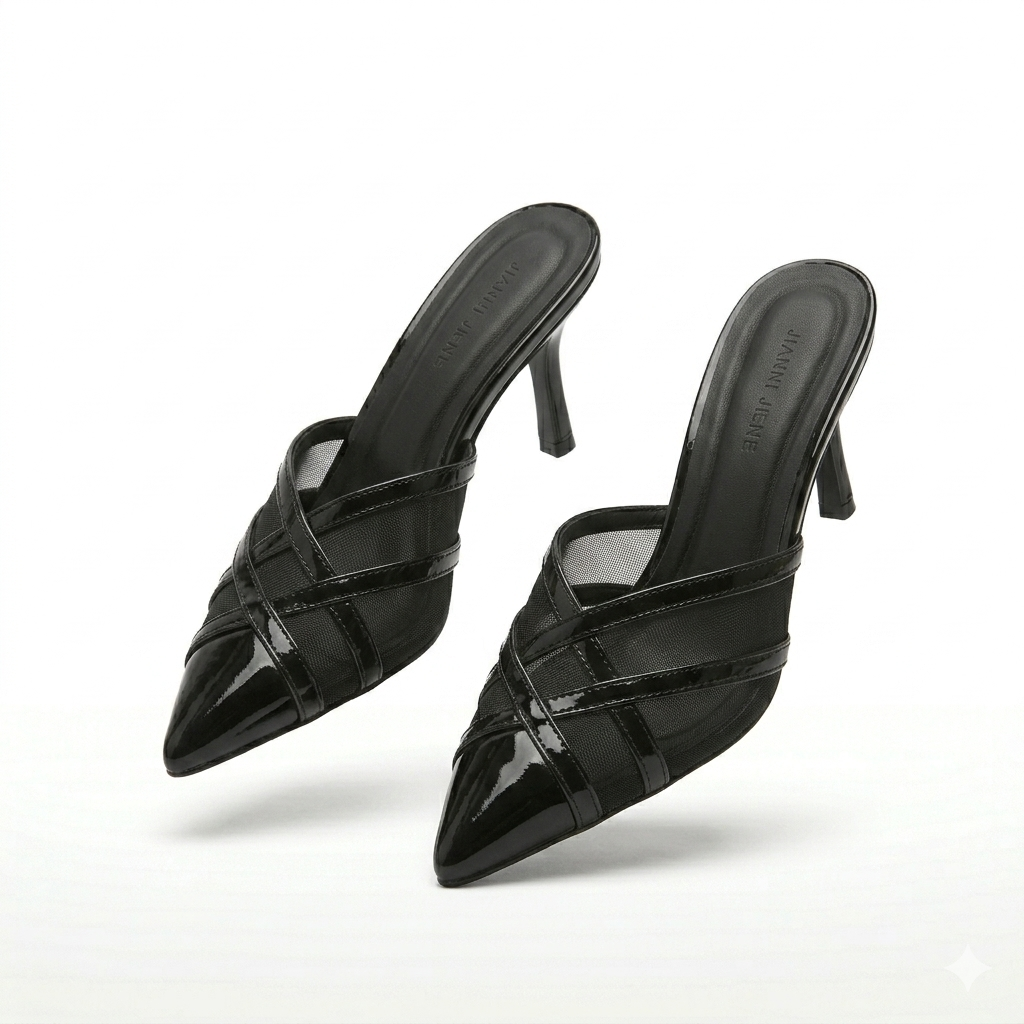 Audrey Criss Cross Back Open Mesh Patent Kitten Heel Mules